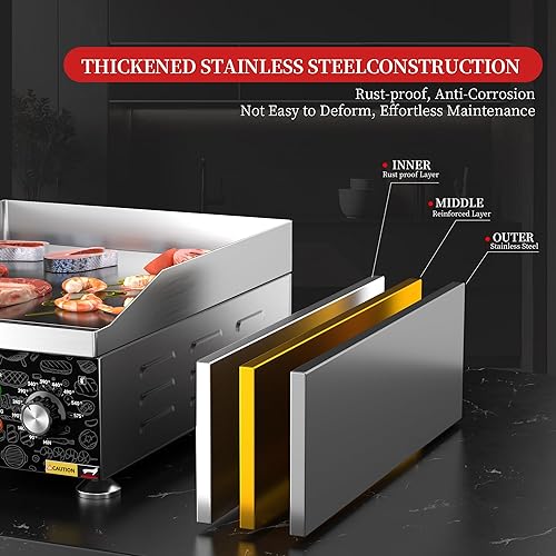 Miniatura 7 de Plancha eléctrica, parrilla eléctrica comercial de 1800 W, 14 pulgadas, plancha eléctrica de encimera de 14 pulgadas, control de temperatura