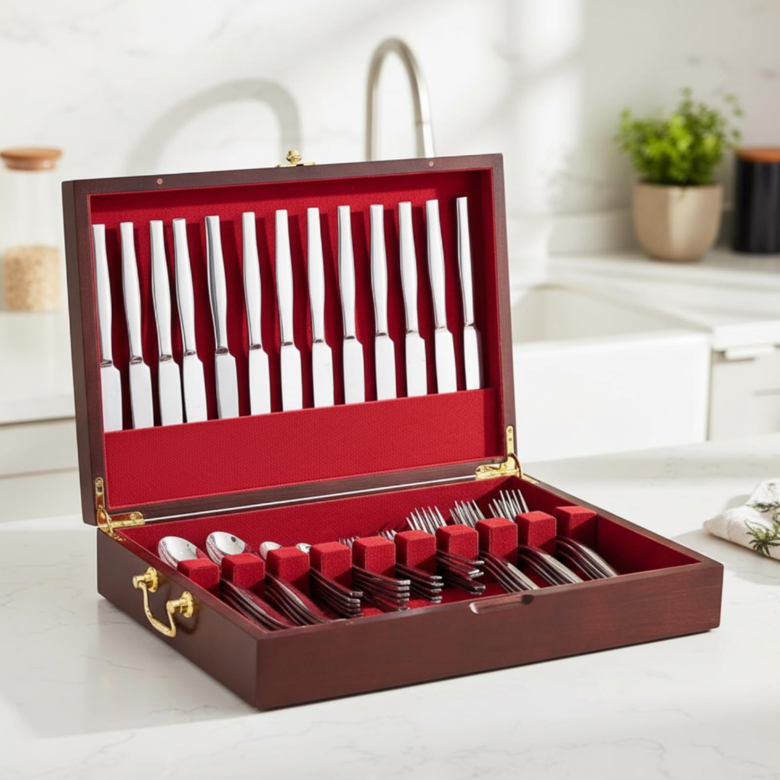Scatola Portaposate con Interno in Velluto Lucido Scatola Portaposate Naturale Contenitore per Famiglie, Cucina, Tre Strati 39 29 17.5cm
