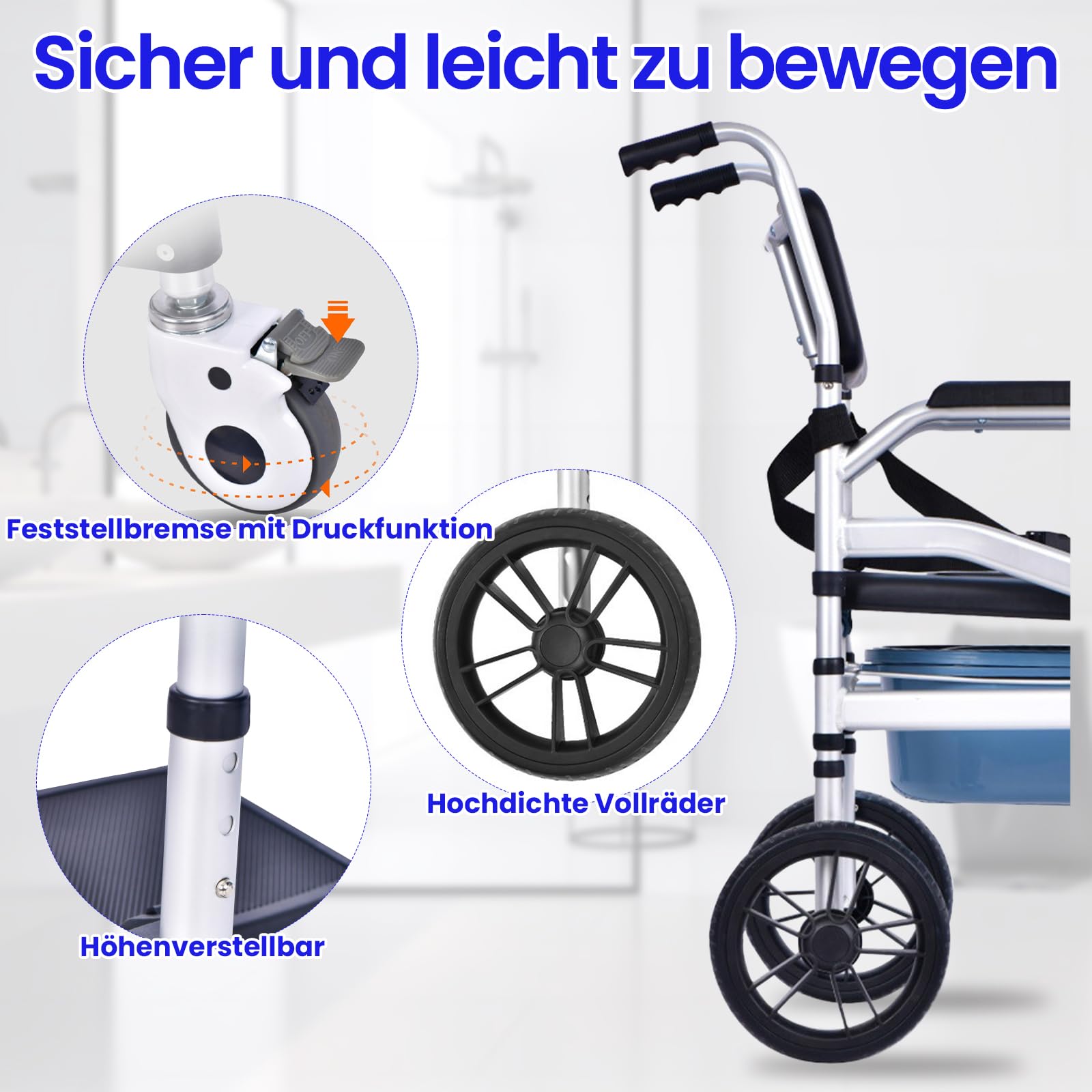 Toilettenstuhl für Senioren, Duschstuhl mit Rollen, 3-in-1 Toilettenstuhl & Duschstuhl für Senioren, inkl. Urineimer, höhenverstellbar, faltbar, mit Rollen und Armlehnen, belastbar bis 136 kg
