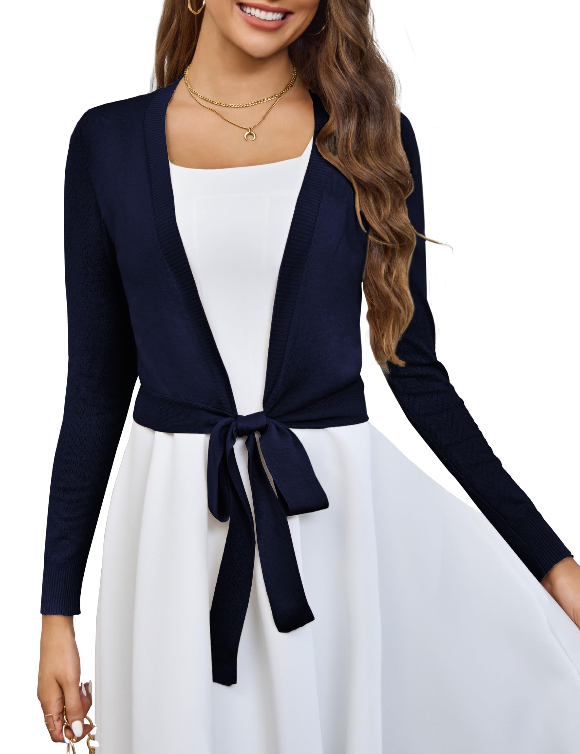 VOIANLIMO Women's Cardigan Knit Sweaters Long Sleeve Cropped Tie Front Bolero Shrug for Dresses S-XL