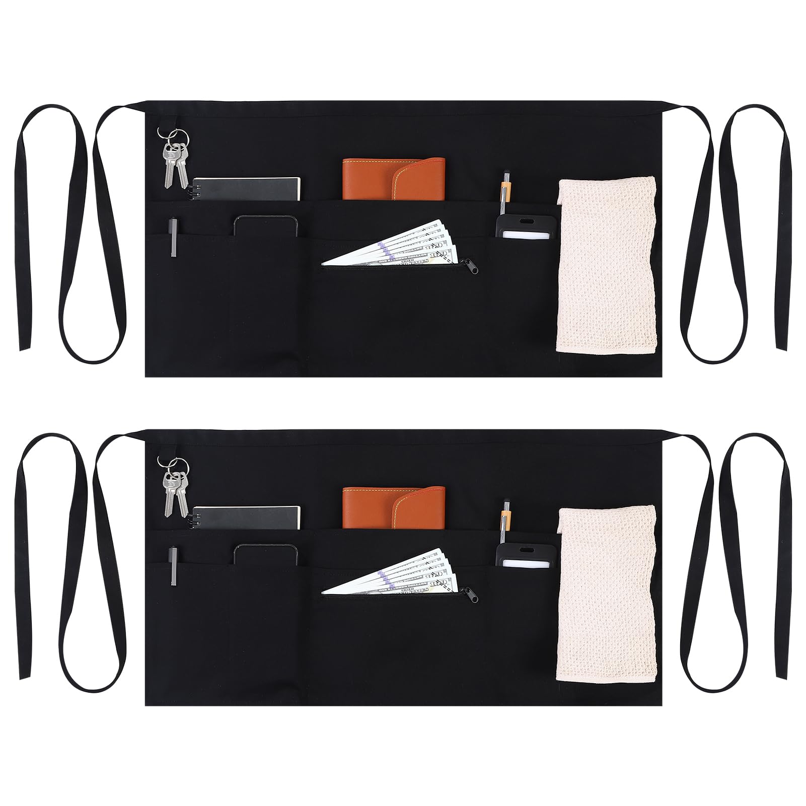 saerryor 2Pcs Black Waist Apron with 8 Pockets, Adjustable Server Aprons, Cotton Waitress Apron for Waiter Chef Women Men Cooking Baking