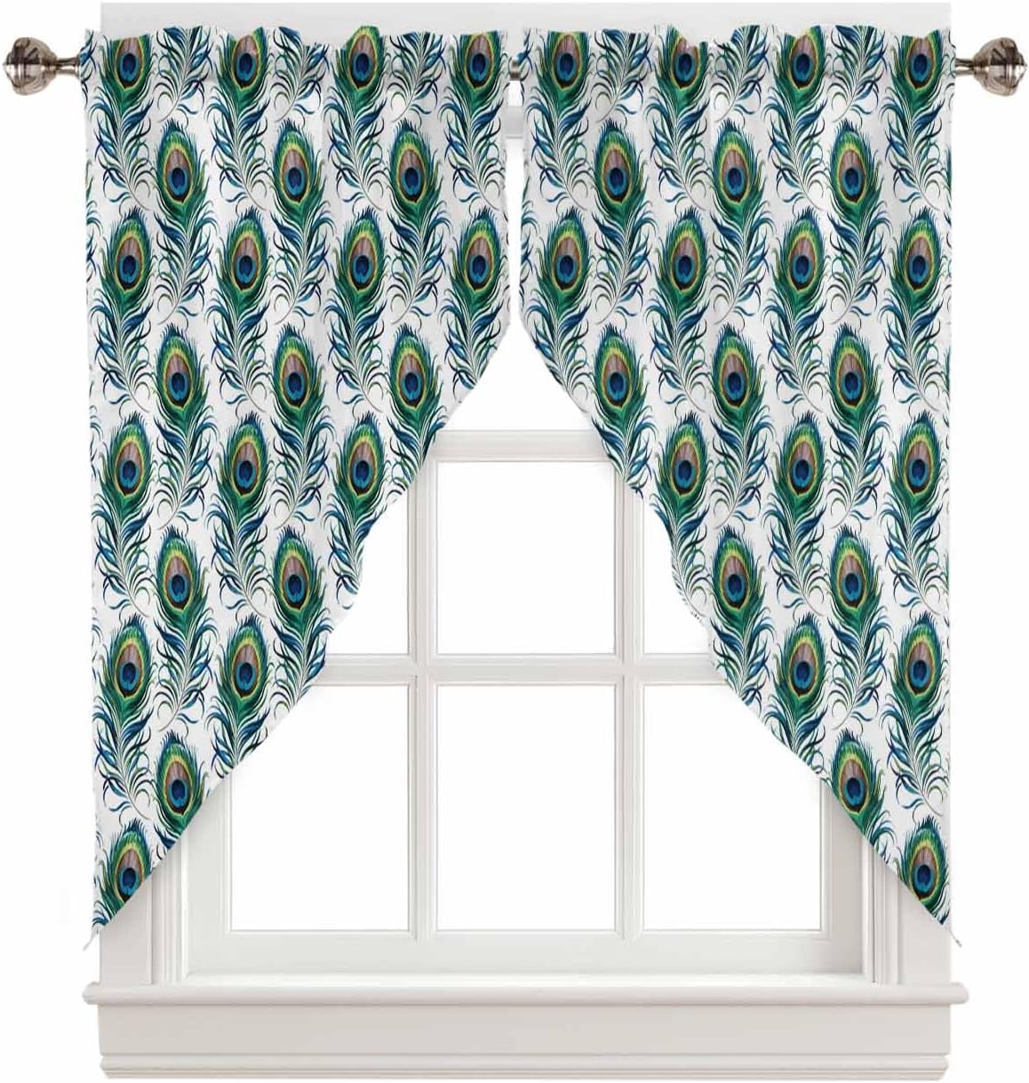 YOKOU Swag Curtains, Peacock Feathers Watercolor Kitchen Curtains Valance Tiers for Small Window Bedroom Bathroom Rod Pocket 2 Panel 36"x45" Abstract Texture Art