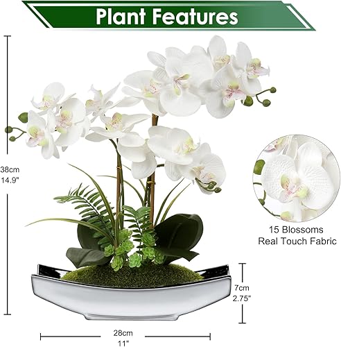 Miniatura 20 de Briful Orchids Flores artificiales de 15 pulgadas, orquídea Phalaenopsis blanca con macetas plateadas, planta de orquídea sintética de tacto real