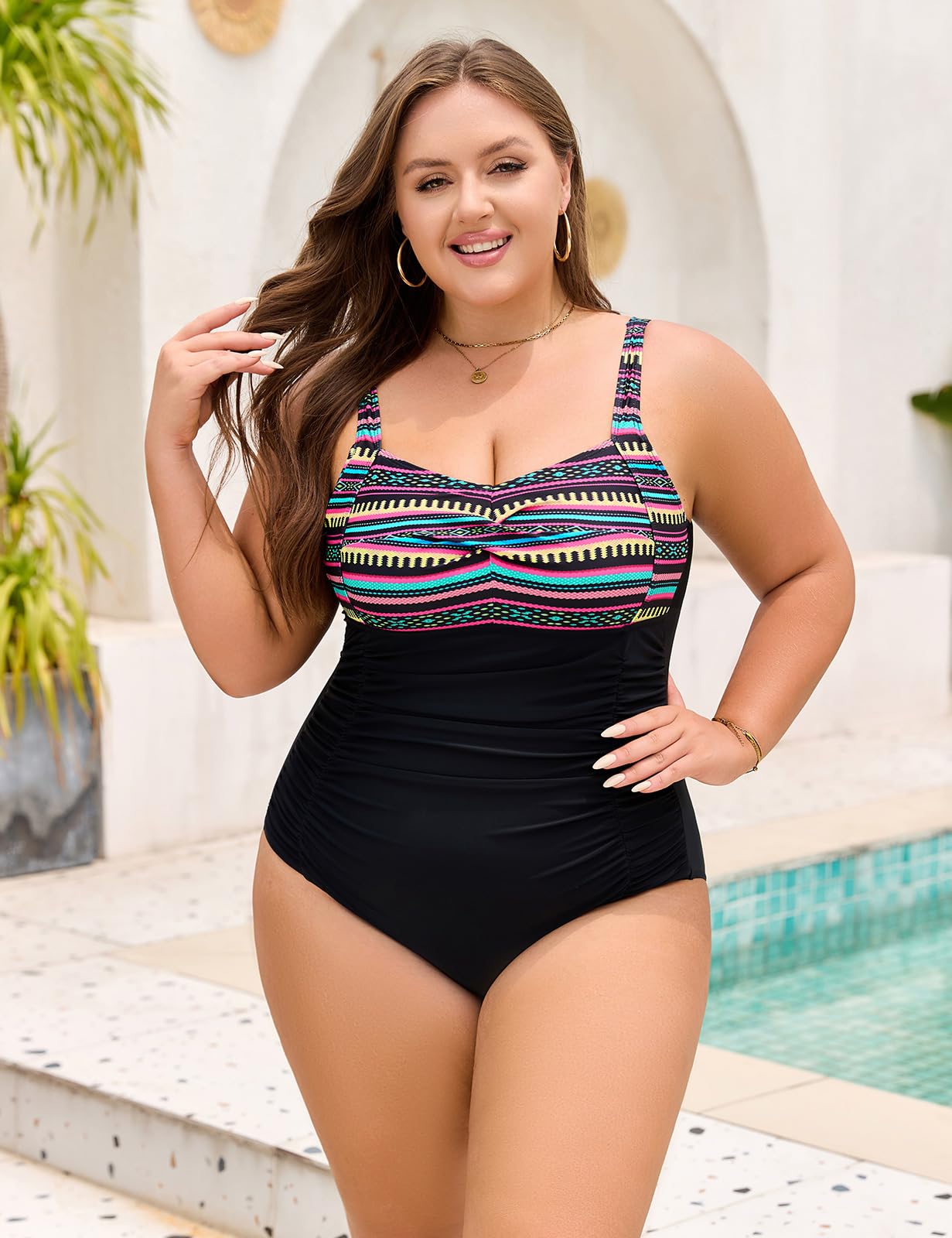 Nadeer Bañador Mujer Talla Grande Reductores Traje de Baño Una Pieza Push Up Sexy Cuello en V L-4XL