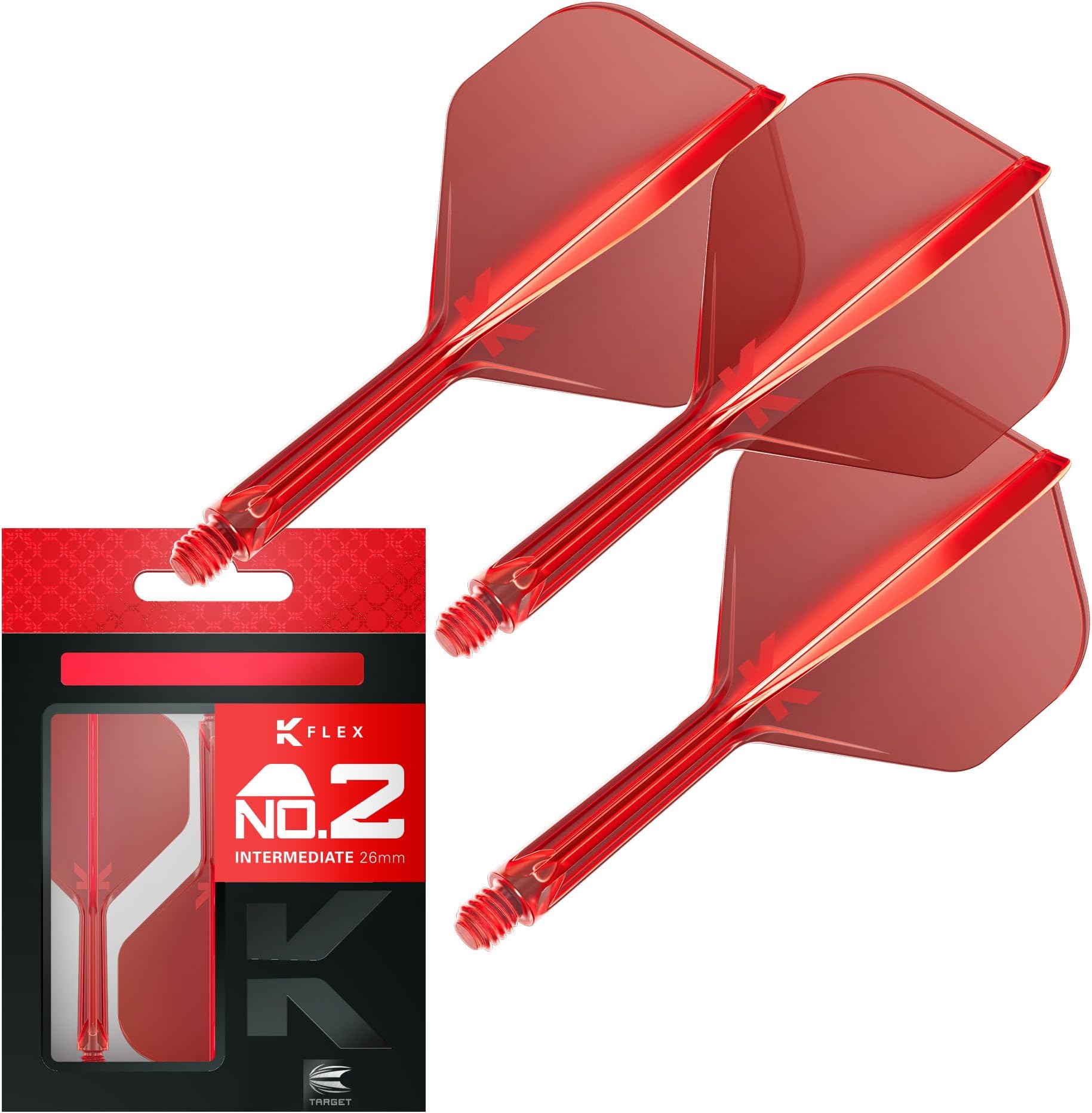 K Flex Integrated Dart Flight And Shaft, No.2 Red (Intermediate) | Pack Of 3 K-Flex - No 2, Precision Moulded 2-In-1 Dart Flights And Dart Stem | Professional Dart Accessories