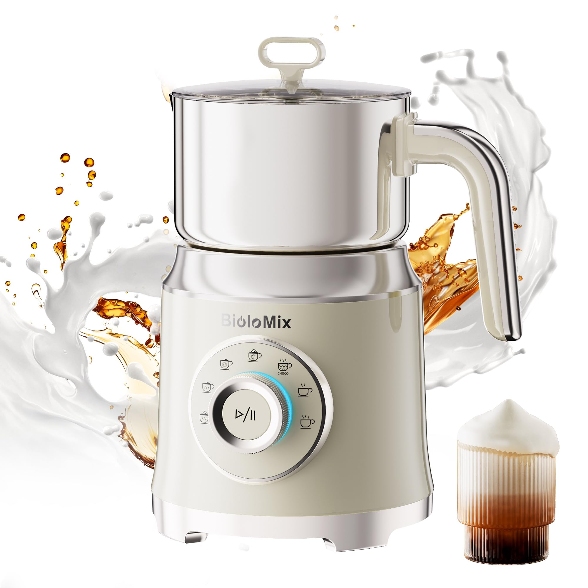Biolomix Elektryczny spieniacz do mleka 7 w 1, silnik 600 W | Duża pojemność 800 ml, regulowana temperatura spieniacza do mleka i parowaru do latte macchiat(BM201)