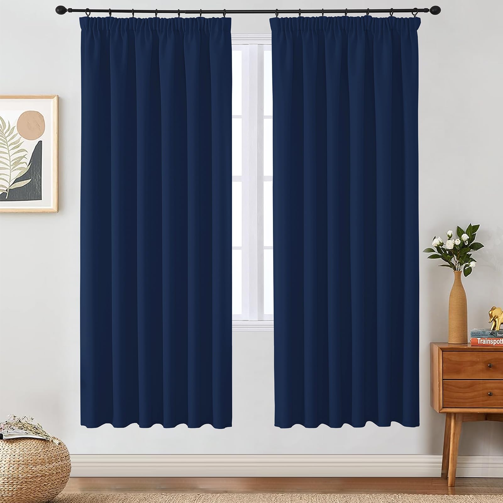 VEHEDE Large Window Navy Blackout Curtains – Thermal Insulated Pencil Pleat Drapes, W66 x L72 Inch, Navy Blue, 2 Panels
