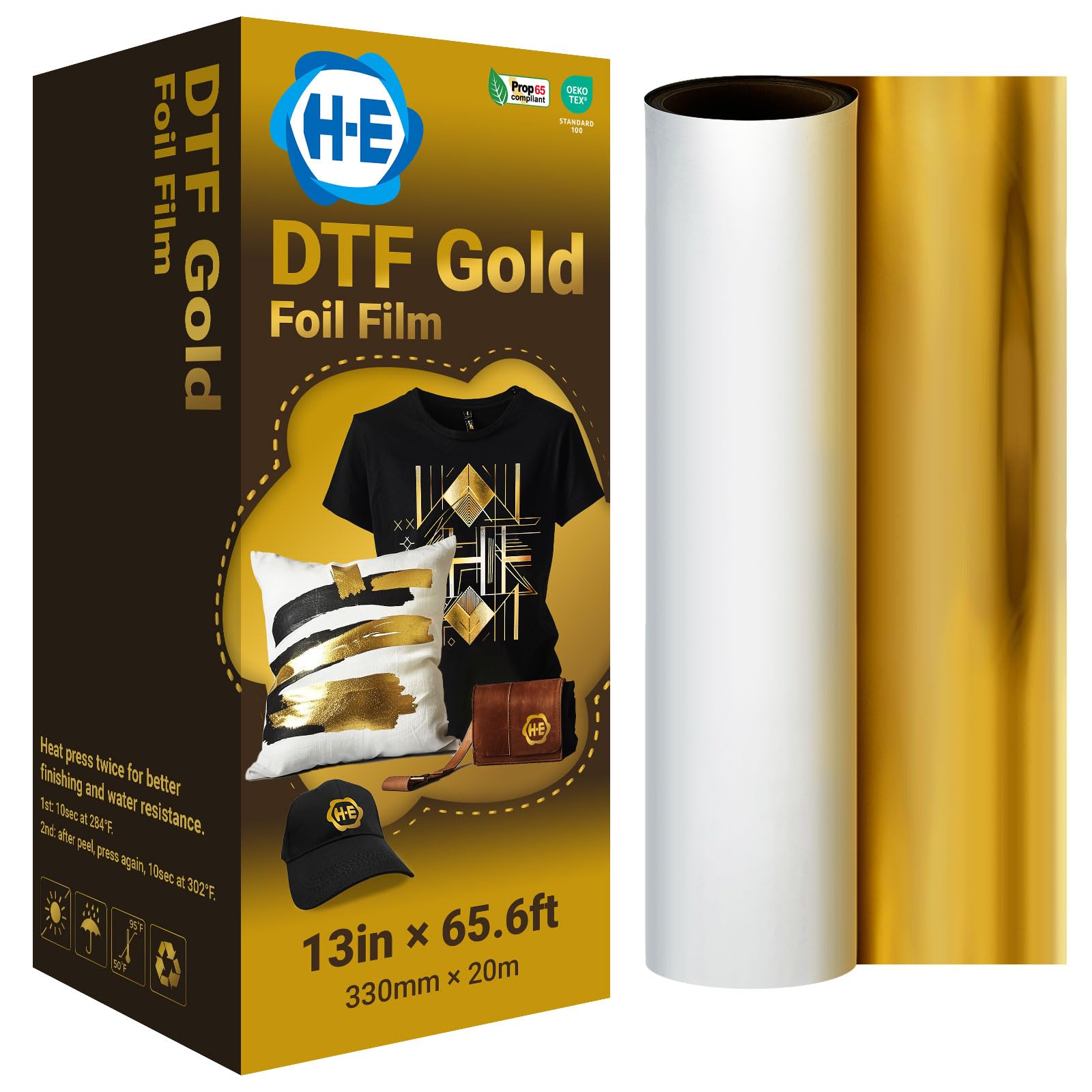 H-E DTF Foil Film 13in x 65.6ft Gold Foil DTF Transfer Film, Cold Peel Gold/Silver Foil DTF Transfer Film (G old)