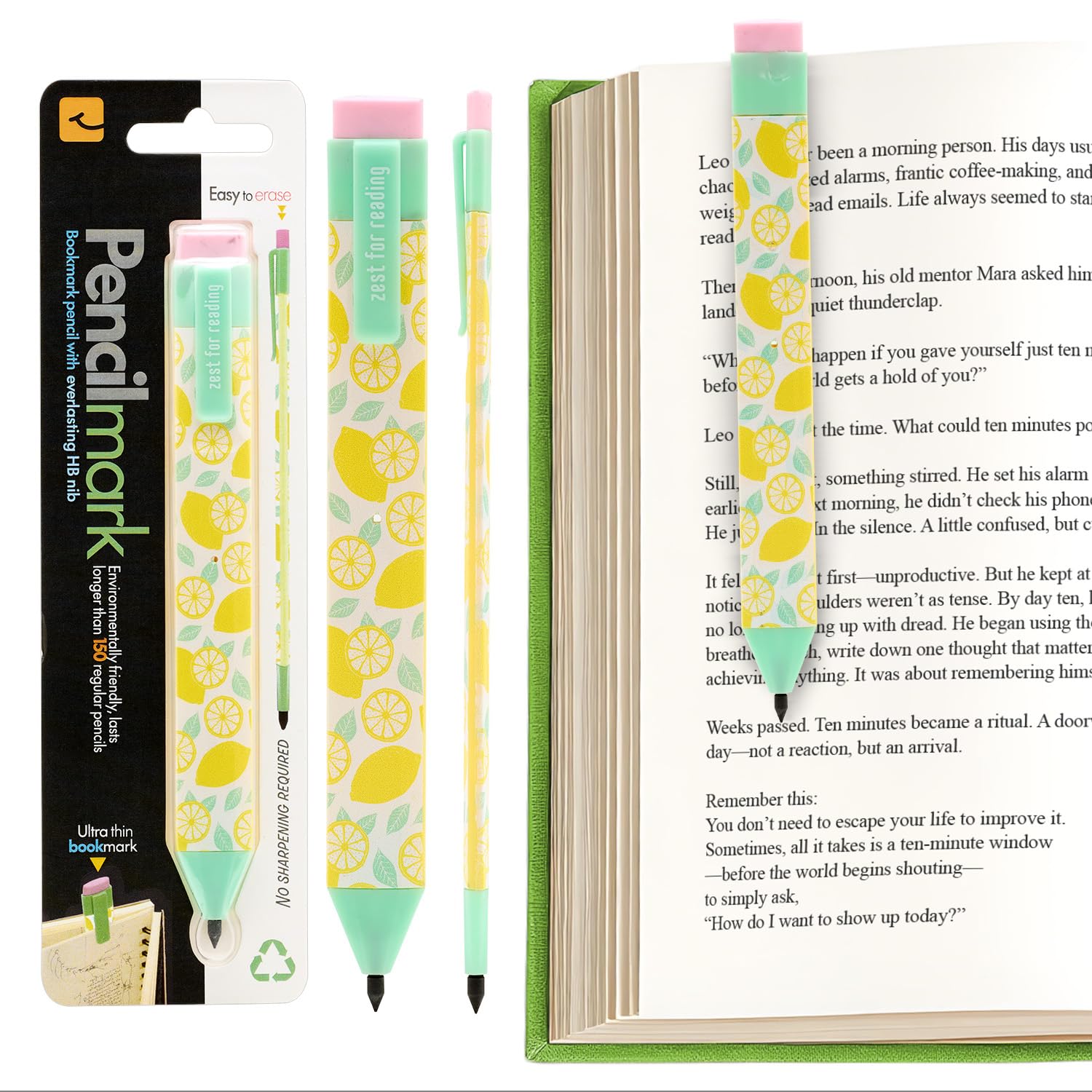 Gifts for Readers & Writers Pencil Bookmark & Page Marker - Slim Writing Tool & Stationery Accessory for Journal, Notebook, Planner, Book Annotations & Pencilmark Lemon