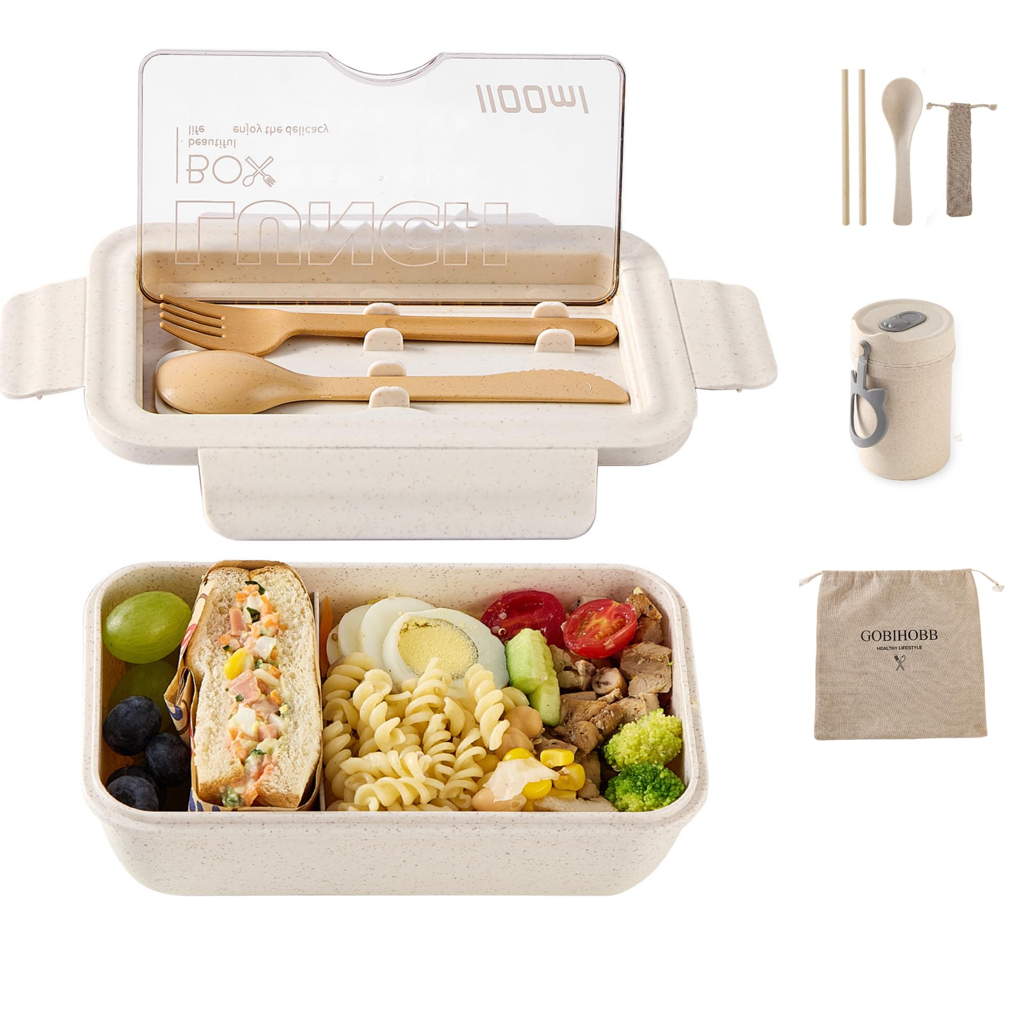 GOBIHOBB Bento Lunch Box 2 Compartment,Meal Prep Container-Reusable Food Storage Snack Containers-Food Lunchables Containers,Includes-Lunch Bag,Utensil Set,Straw,Cup-(Beige)