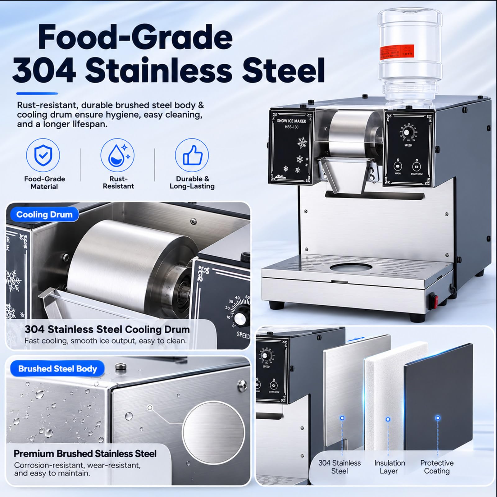 Machine à Glace en Flocons Commerciale puissante, 180kg/j, 3s Rapide, Moteur cuivre Silencieux, Nettoyage Facile. Parfaite pour Food-Trucks, hôtels et pâtisseries.
