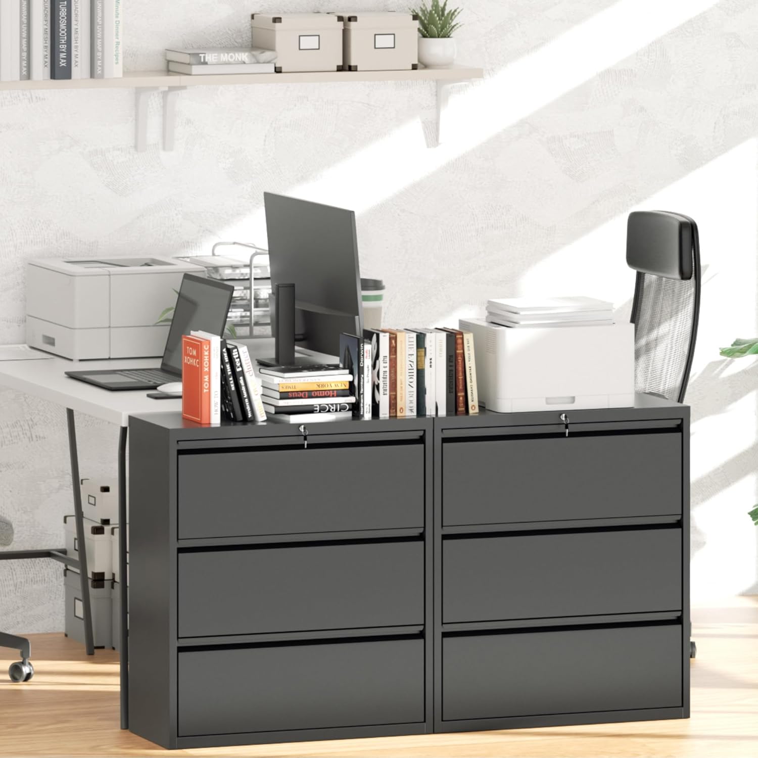 Greenvelly 3 Drawer File Cabinet, Metal Filing Cabinet with Lock, Black Lateral File Cabinet for Home Office, Locking File Cabinet for Letter/Legal/F4/A4 Size Hanging Files, Easy Assembly