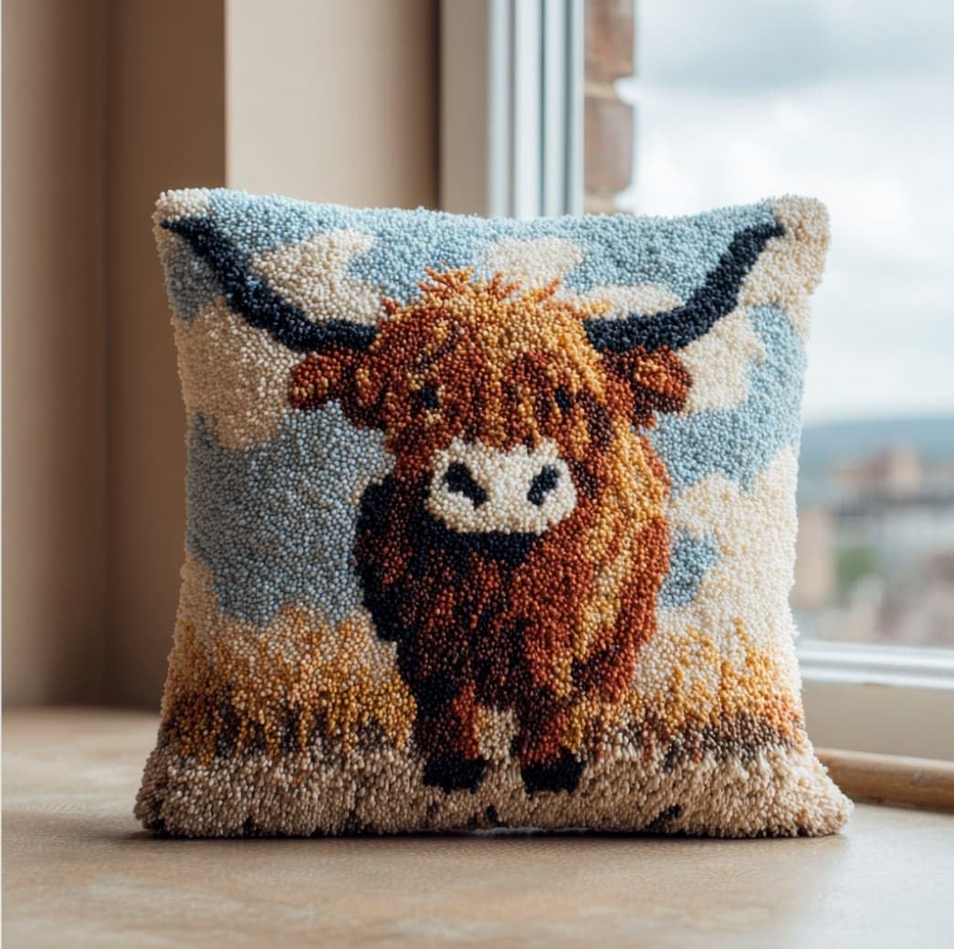 Taxpy DIY Latch Hook Pillow Kit Pre-Printed Hook and Latch Rug Kits Highland Cattle 17X17 Inch.Cross-Stitch Embroidery Cushion Cover for Home Sofa Decoration