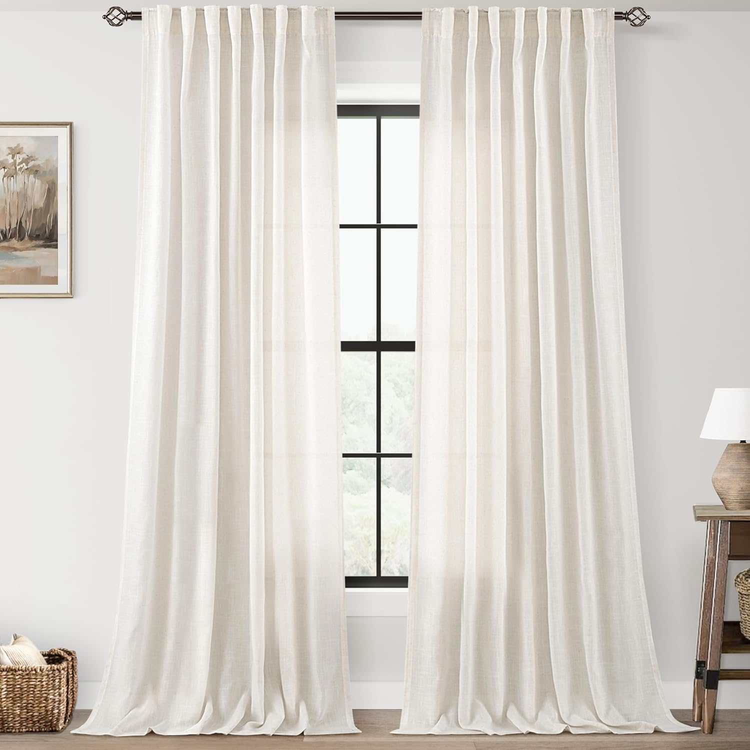 Cream Natural Linen Curtains 86 inch Length 2 Panels Set Neutral Rustic Farmhouse Living Room Drapes Back Tab Pleated Look Light Filtering Privacy Semi Sheer Curtains 86 inches Long Ivory Colored