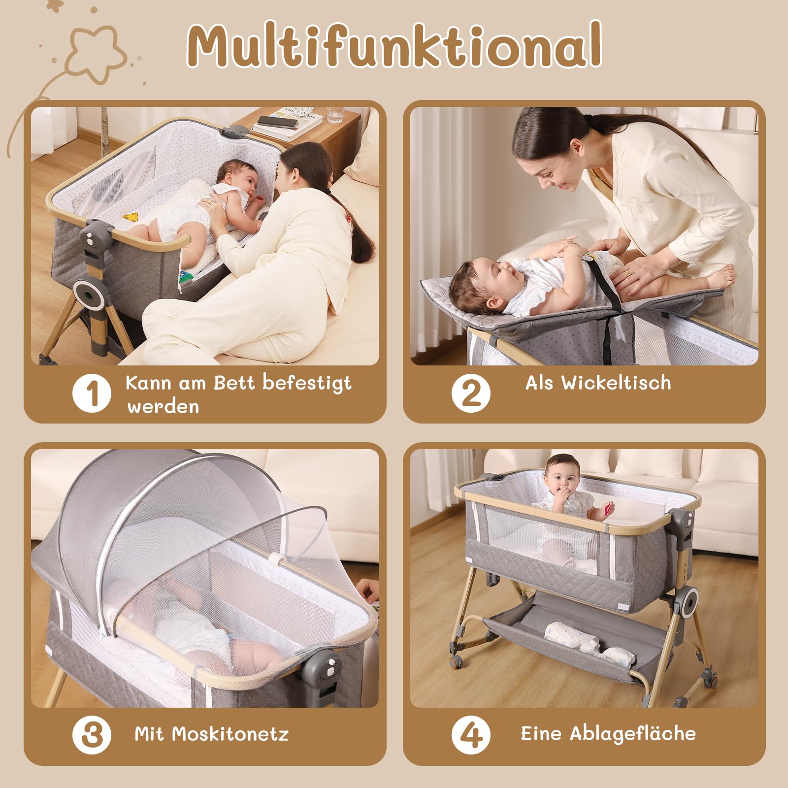 HOLAVIDA 5 in 1 Beistellbett Baby, Höhenverstellbare Babywiege, Stubenwagen Baby mit Wickeltisch, Aufbewahrungskorb, Moskitonetz, Matratze, Tragbar Reisebett für Neugeborene/Kleinkinder (Grau)
