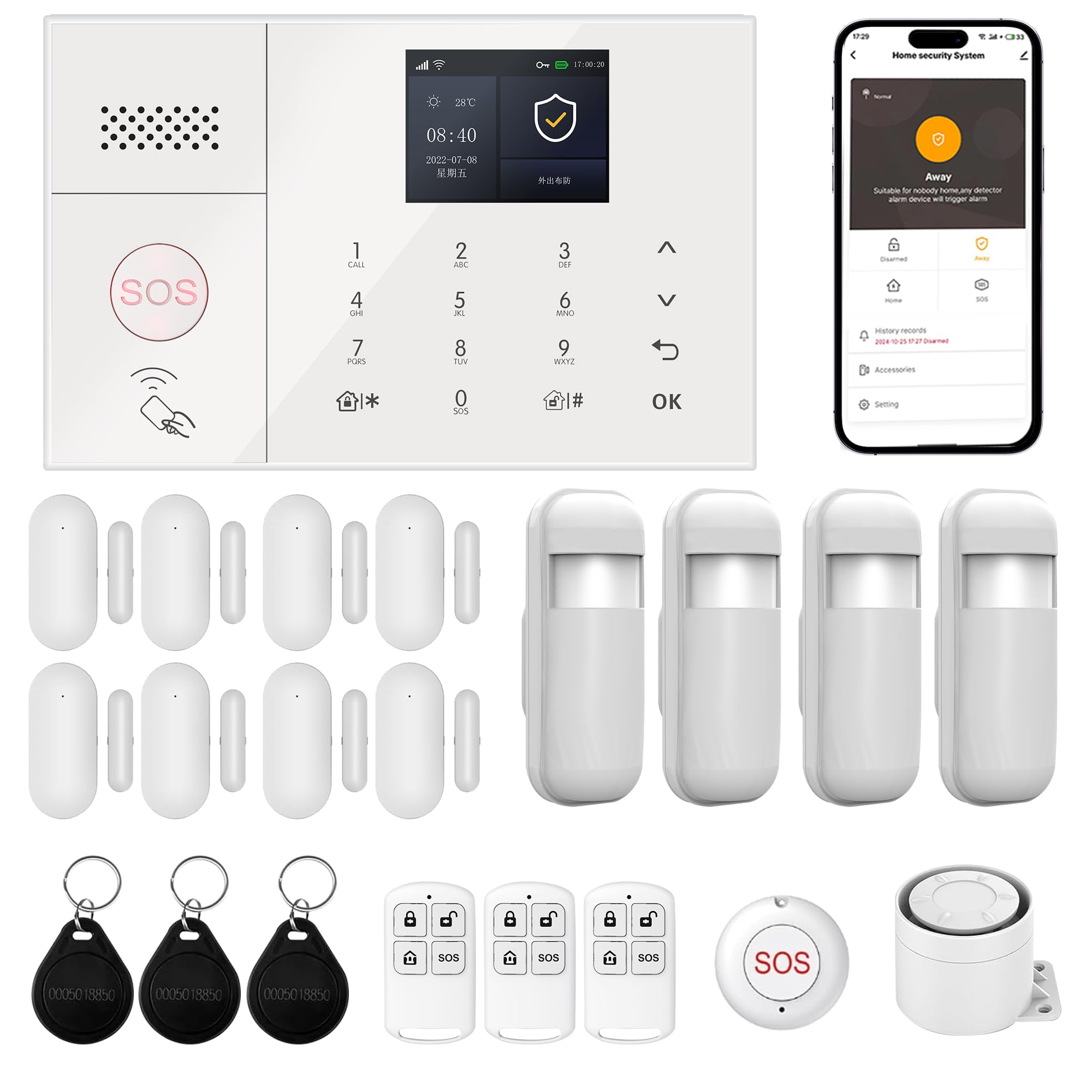Sistema de alarma para el hogar, WiFi/4G + GSM, pantalla táctil, control por aplicación, sistema de seguridad para el hogar, con detector de movimiento, sensores de puerta, mandos a distancia