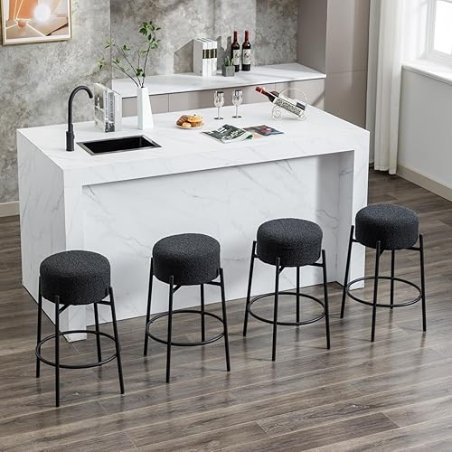 Miniatura 8 de Boucle - Juego de 2 taburetes de mostrador sin espalda, modernos taburetes de bar con asiento redondo y patas de metal, silla de altura de mostrador