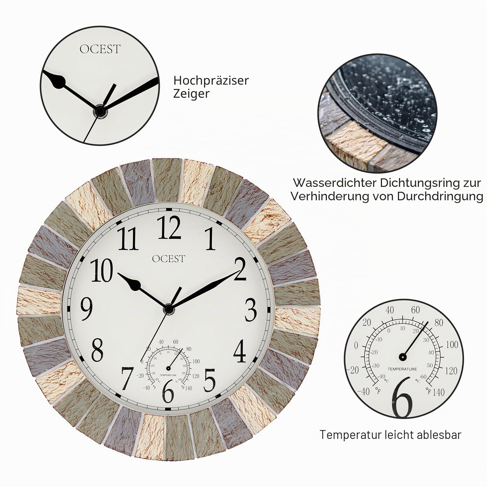OCEST 13 Zoll Indoor Outdoor Uhr wasserdicht mit Thermometer, wetterbeständig, Nicht tickend, batteriebetriebene Dekoruhr für Terrasse, Pool, Veranda, Garten (Retro-Grau)