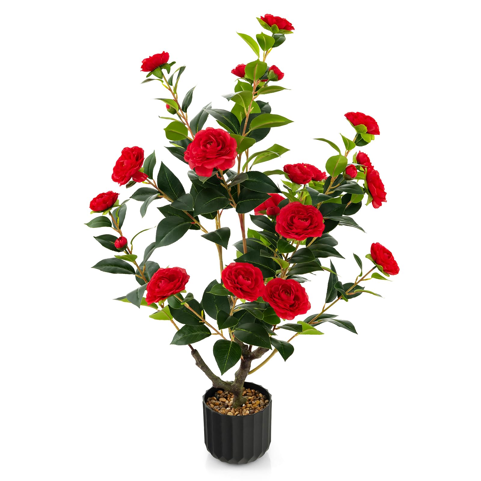 COSTWAY 95cm/3ft Artificial Camellia Tree, 1/2 PCS Faux Blooming Camellia Plant with 24/48 Flowers & Rain-Flower Pebbles, Fake Floral Plants in Cement Pots for Home Office Decor (1, Red)