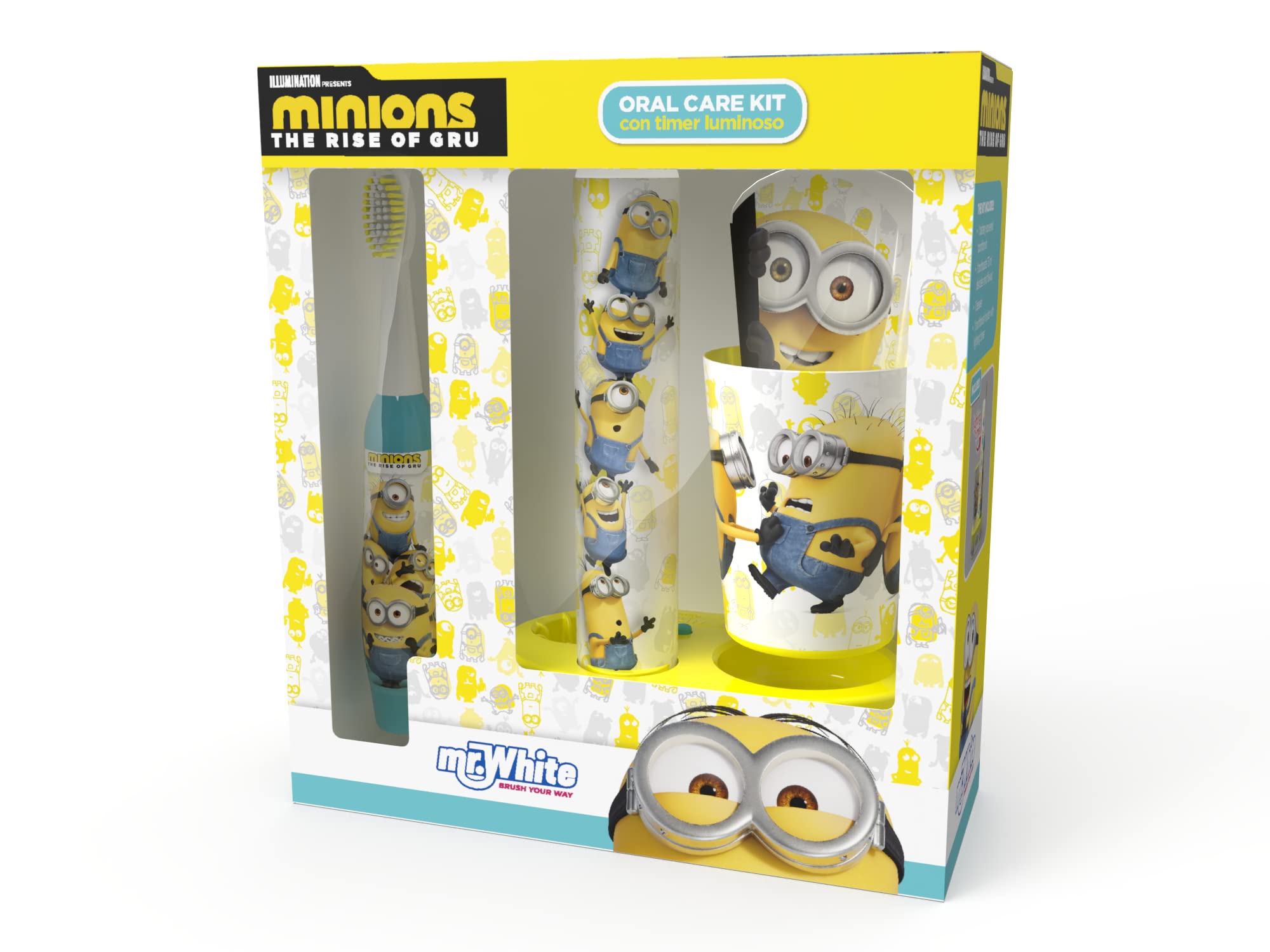 Mr. WhiteMinions Gift Pack LED - Oral Care Kit with Kids Toothpaste, Kids Battery Toothbrush, 1 Beaker, and Toothbrush Holder with Lighting Timer (2 Minutes) - for 3+ Years Kids - Soft Bristle