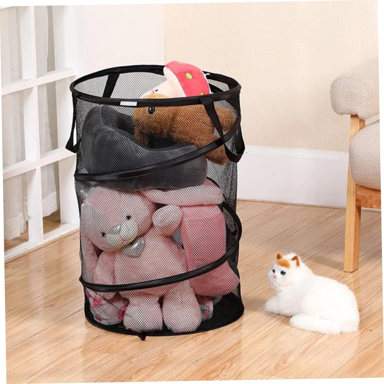 Large Capacity Foldable Laundry Basket with Mesh Standing Clothes Organizer for Dirty Clothes Space Saving with Double Side Handles Black