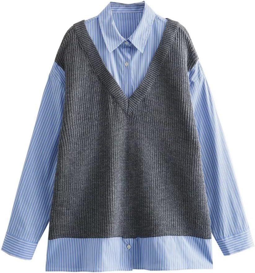 False Two Pieces Street Loose Striped Color Blocking Patchwork Shirt Long Sleeve Knit Sweater