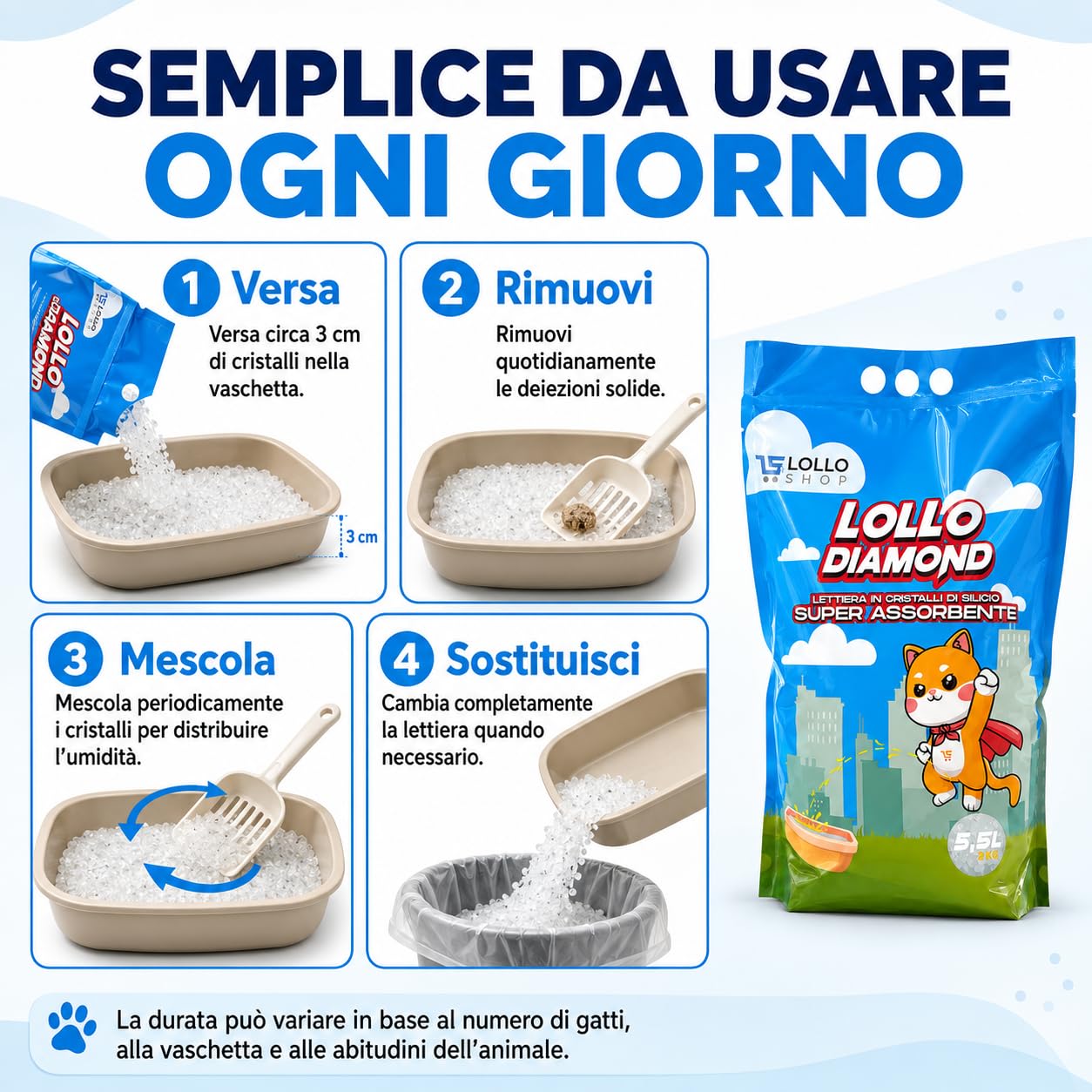 Lollo Diamond Lettiera Gatti in Cristalli di Silicio, 8 x 5,5 L, 44 Litri | Alta assorbenza, controllo degli odori e bassa polverosità; granuli delicati, ideali anche per case con più gatti