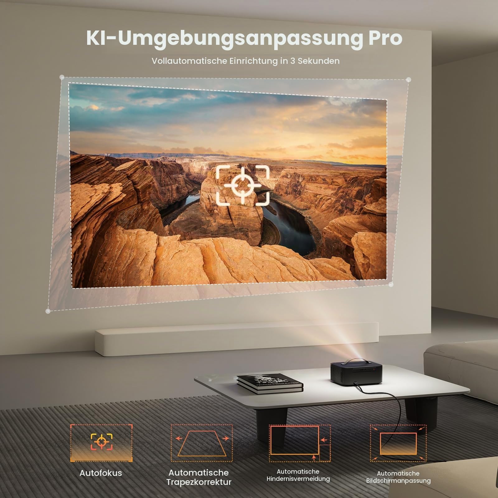 Beamer 4k Heimkino【800+Offizielle Apps&Dolby Audio】 1500 ANSI KI Fokus ONOAYO HDR10 Projektor WiFi 6 Bluetooth 5.4 Smart mini Beamer Geeignet für Filmabende, Partys und die Fußball-Weltmeisterschaft