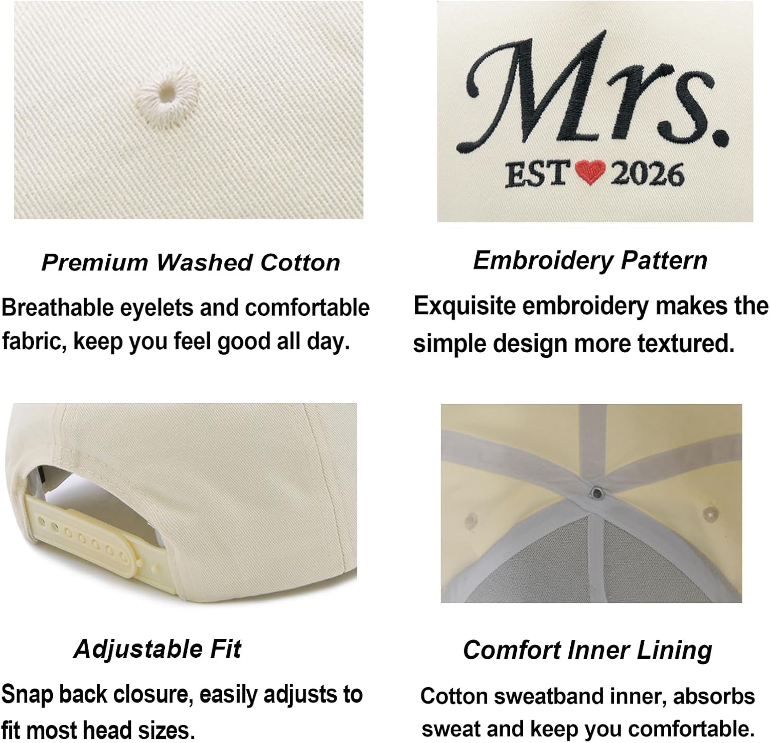 Waldeal Mr and Mrs EST 2026 Couple Hats Set, Matching His and Hers Embroidered Baseball Caps for Wedding, for Couples, Bride and Groom Beige/Black - Image 6