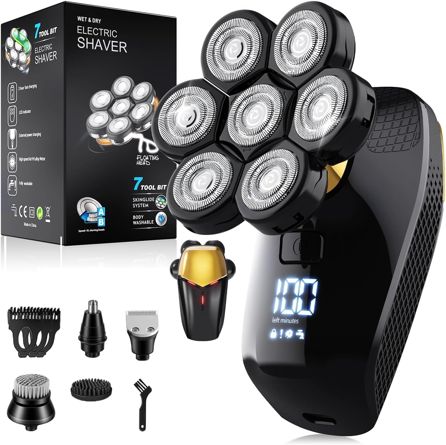 Glatzen- Rasierer Herren elektrisch, 7D Kopfrasierer Glatze mit 5-in-1-Pflegeset, LED-Anzeige, Wiederaufladbar, Flexibler 360grad-Scherkopf, IPX6 Wasserdichter, 9200 U/min