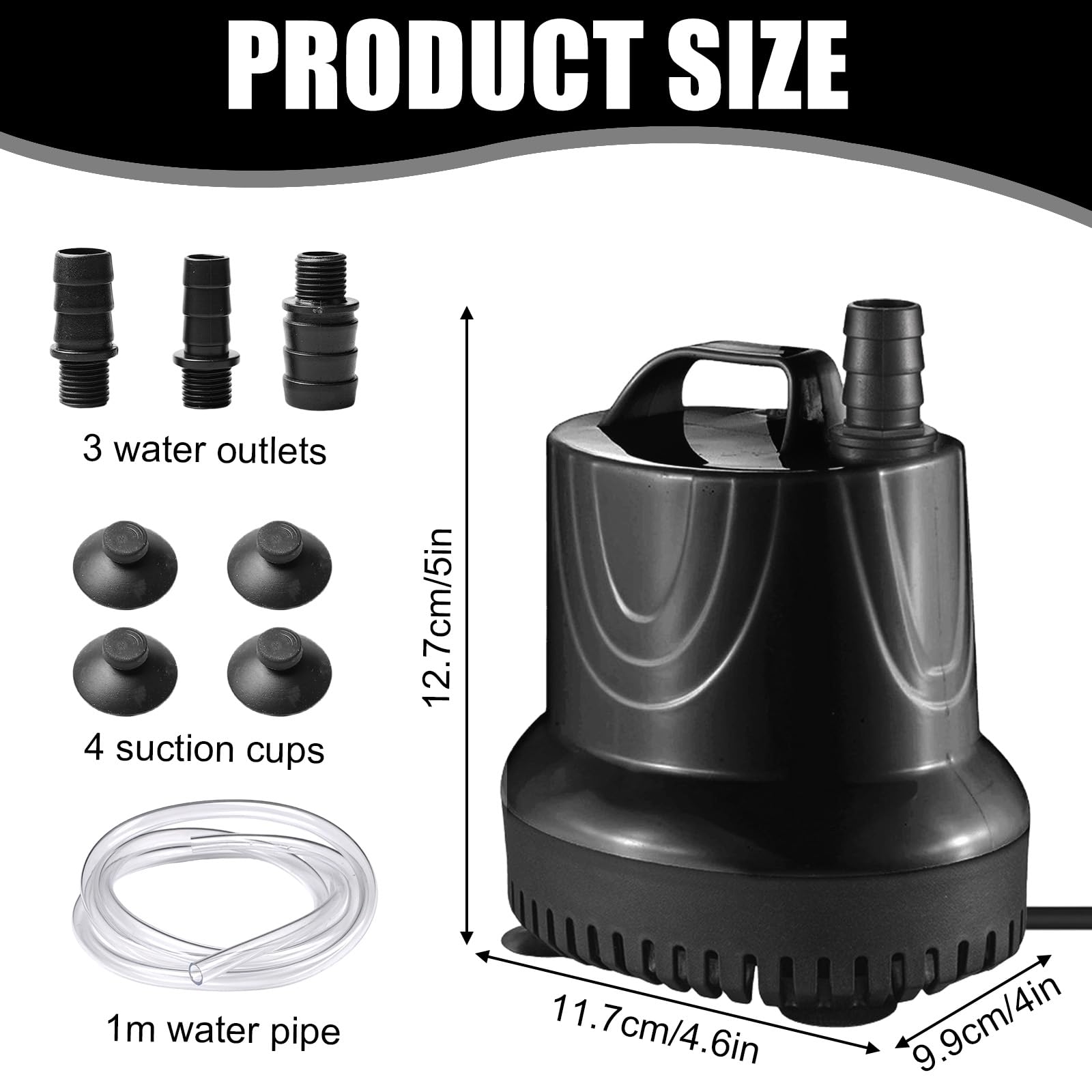 Mini pompa wodna 45 W, 2800 l/h, pompa do oczka wodnego, pompa akwariowa, pompa fontannowa, pompa zanurzeniowa, z 4 przyssawkami i 3 dyszami (15/18/25 mm), maksymalna wysokość tłoczenia 2,8 m, do