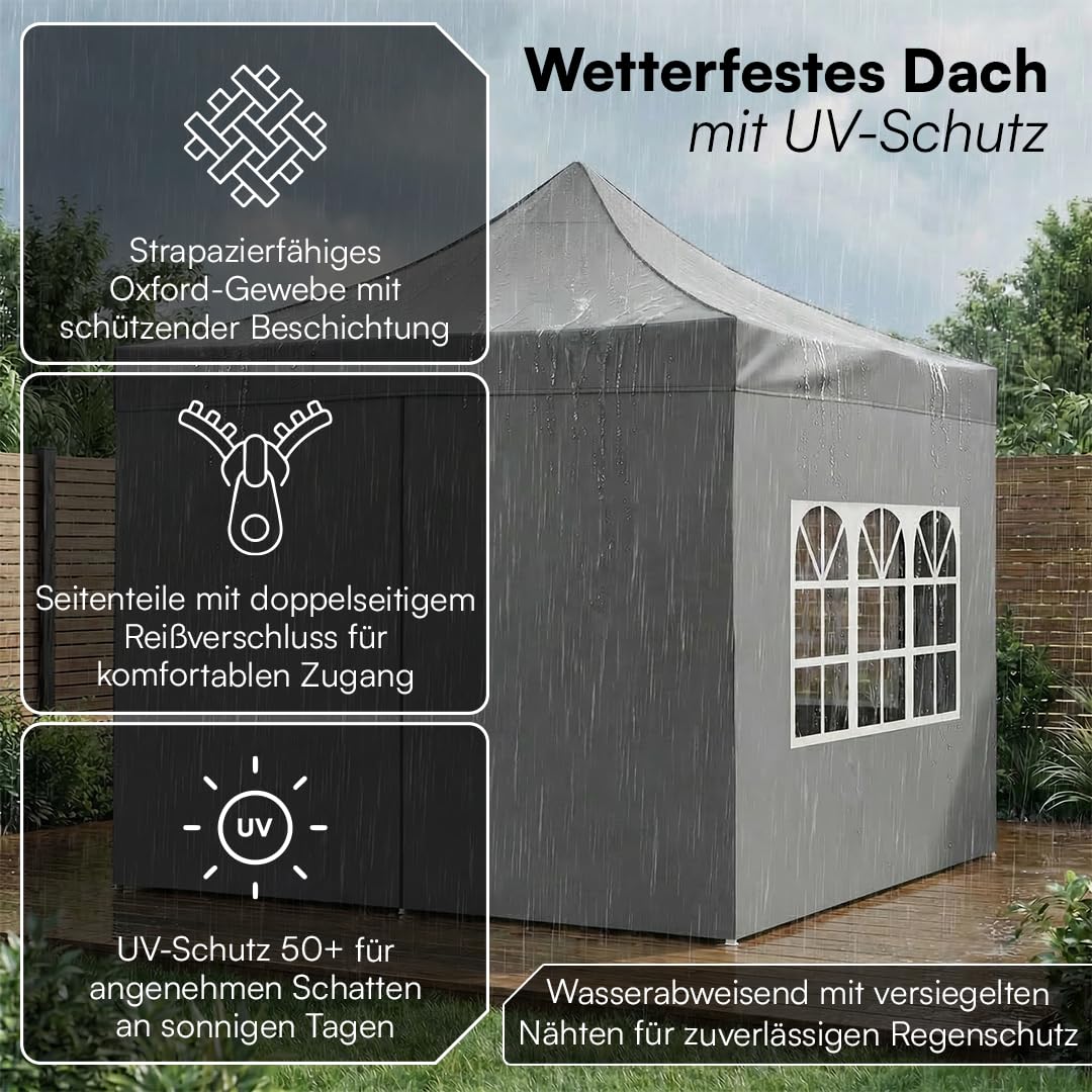 STEELSØN Rynara Pavillon 3x3 m – Faltpavillon mit 4 Seitenteilen – hochwertiger Gartenpavillon inkl. Tragetasche mit Rädern & 3-Fach höhenverstellbar – extrem stabil & UV-/wetterfest - grau