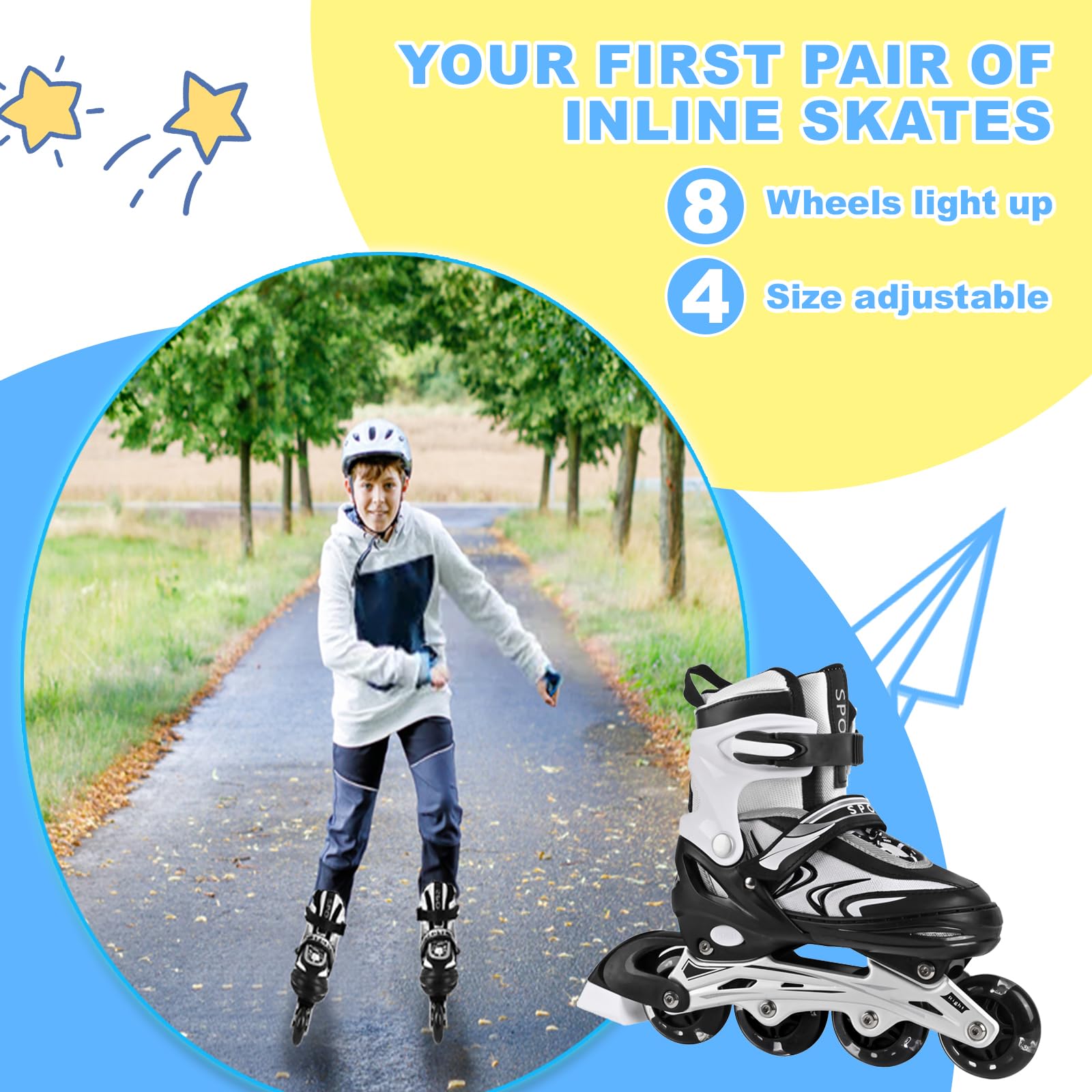 Pattini in linea regolabili per bambini e bambine, pattini a rotelle, giochi indoor outdoor