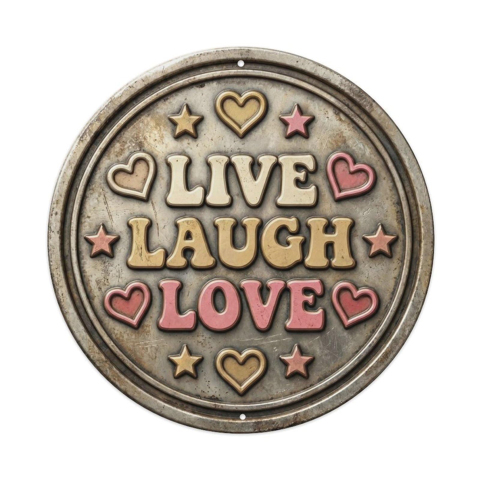 Live Laugh Love Positive Slogan Heritage Type Classic Badge Metal Tin Sign Plaque Wall Decor for Cafe, Man Cave, Club Bar, Office, Home Garden Round Metal Poster 8x8Inch