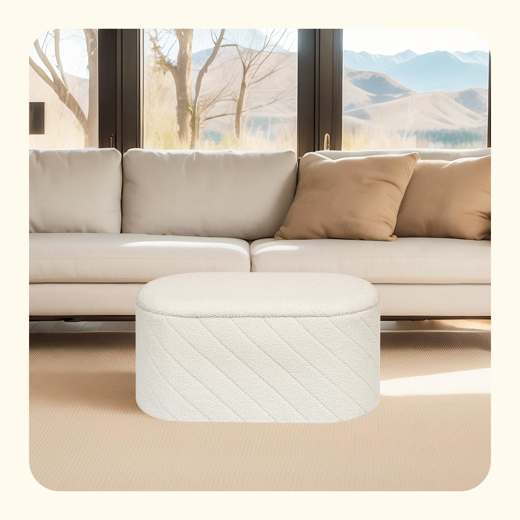 PINPLUS Sitzbank mit Stauraum, Ovale Polsterbank, Klappbarer Fußhocker, Bettbank aus Boucle Stoff, für Schlafzimmer, Wohnzimmer, Weiß, 76x38x38 cm