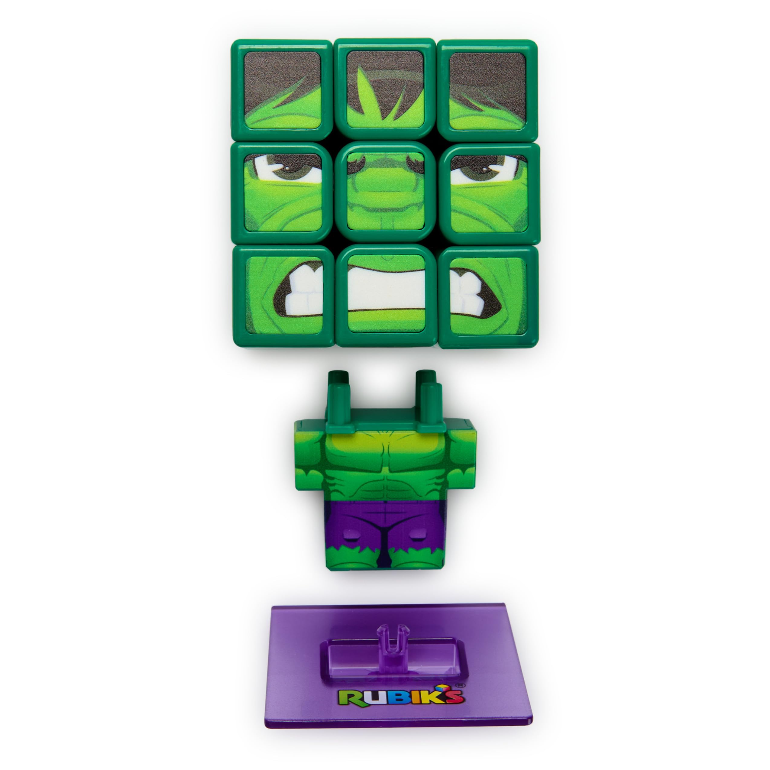 Rubik's Cube, Cubers - Hulk, 3 x 3 Marvel kostka Rubika w stylu Hulk, z fajnymi akcesoriami: korpus, stojak - wyzwanie superbohaterów, od 8 lat