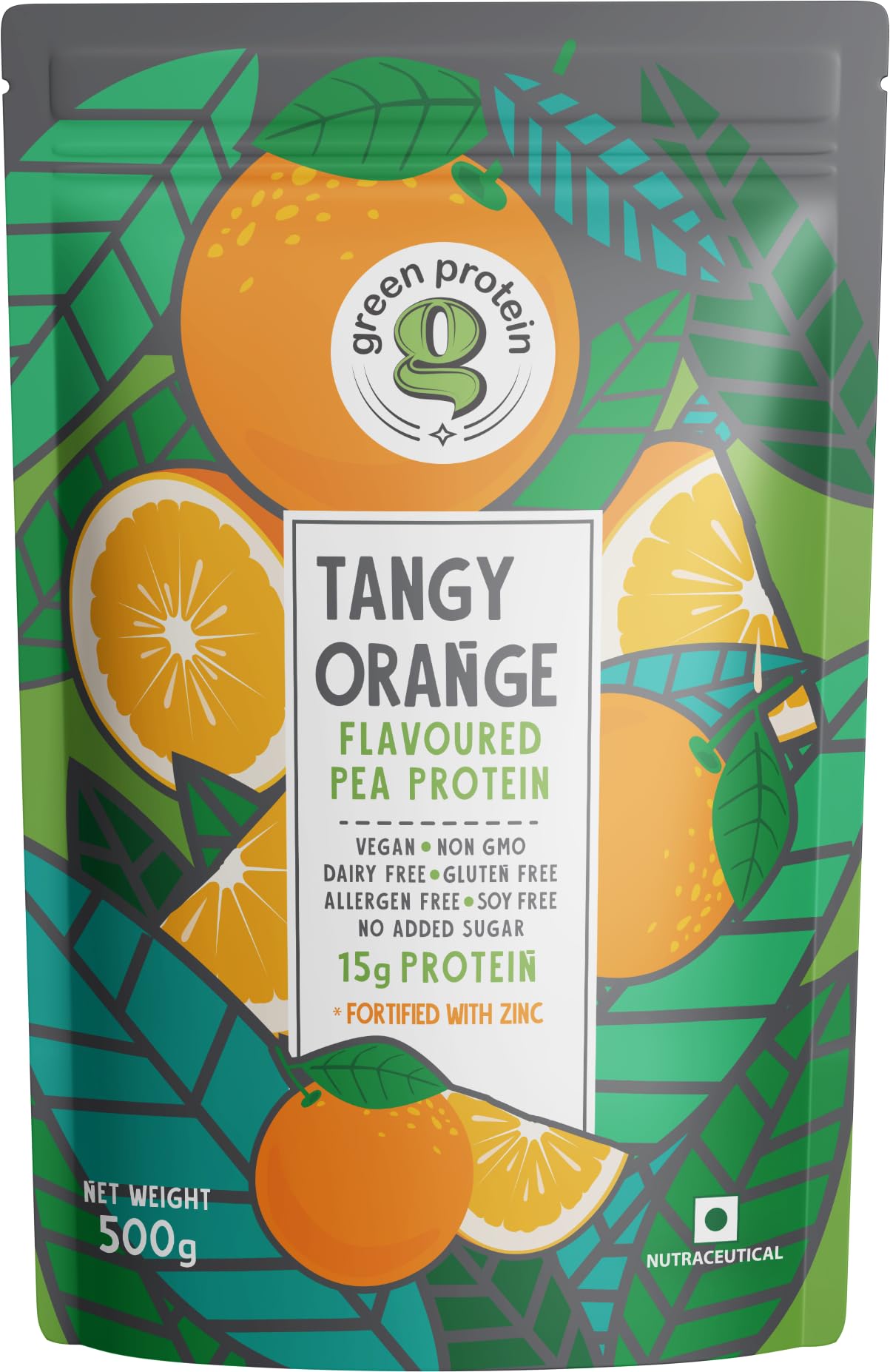 GREEN PROTEIN Pea Protein Isolate Powder, Vegan Plant Protein, No Added Sugar, 100% Vegan, Soy Free, Dairy Free, Gluten Free, Allergen Free, Tangy Orange Flavor, 15g Protein Per Serving, Pouch (500g)