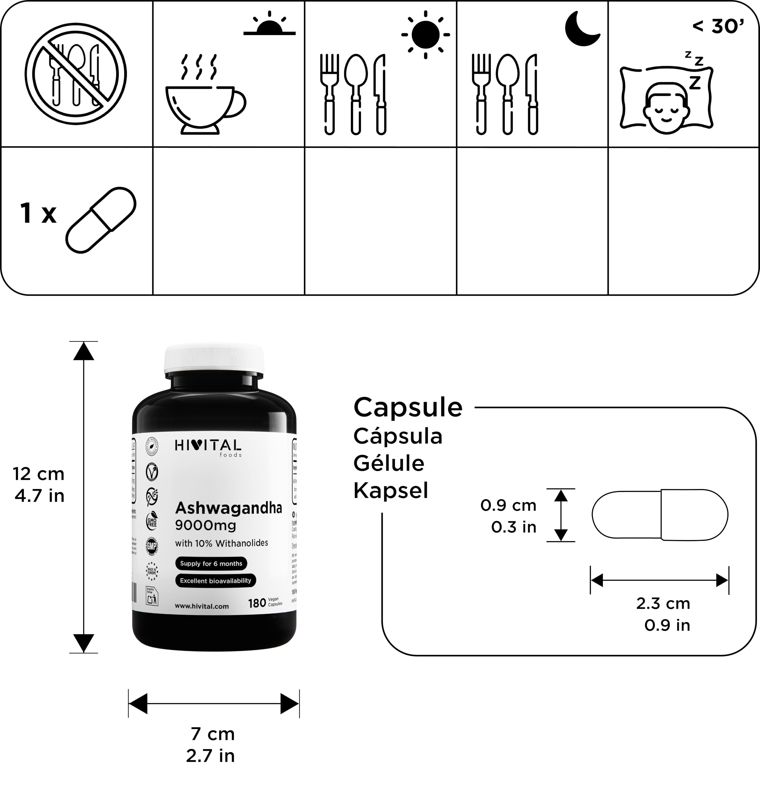 Ashwagandha 9000 mg. 180 cápsulas veganas suministro para 6 meses. Extracto Natural de Withania Somnifera con 10% Withanólidos. Fabricado en España por HIVITAL
