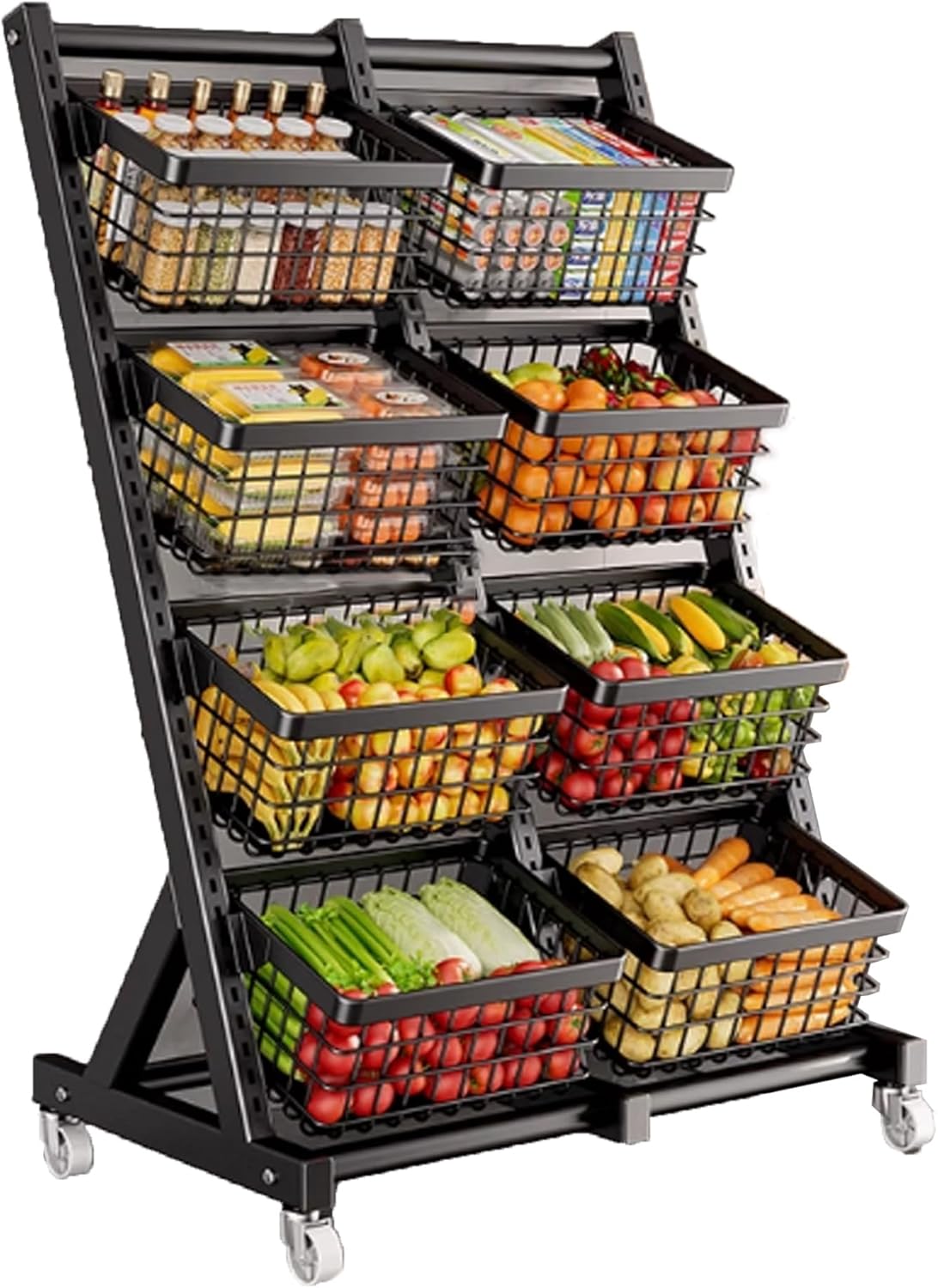 Store snack display rack, Fruit and vegetable rack floor-standing, multi-layer cart with Wheels, multifunctional household vegetable storage rack, Kitchen Organizers with Storage Baskets(Black,73*40*1