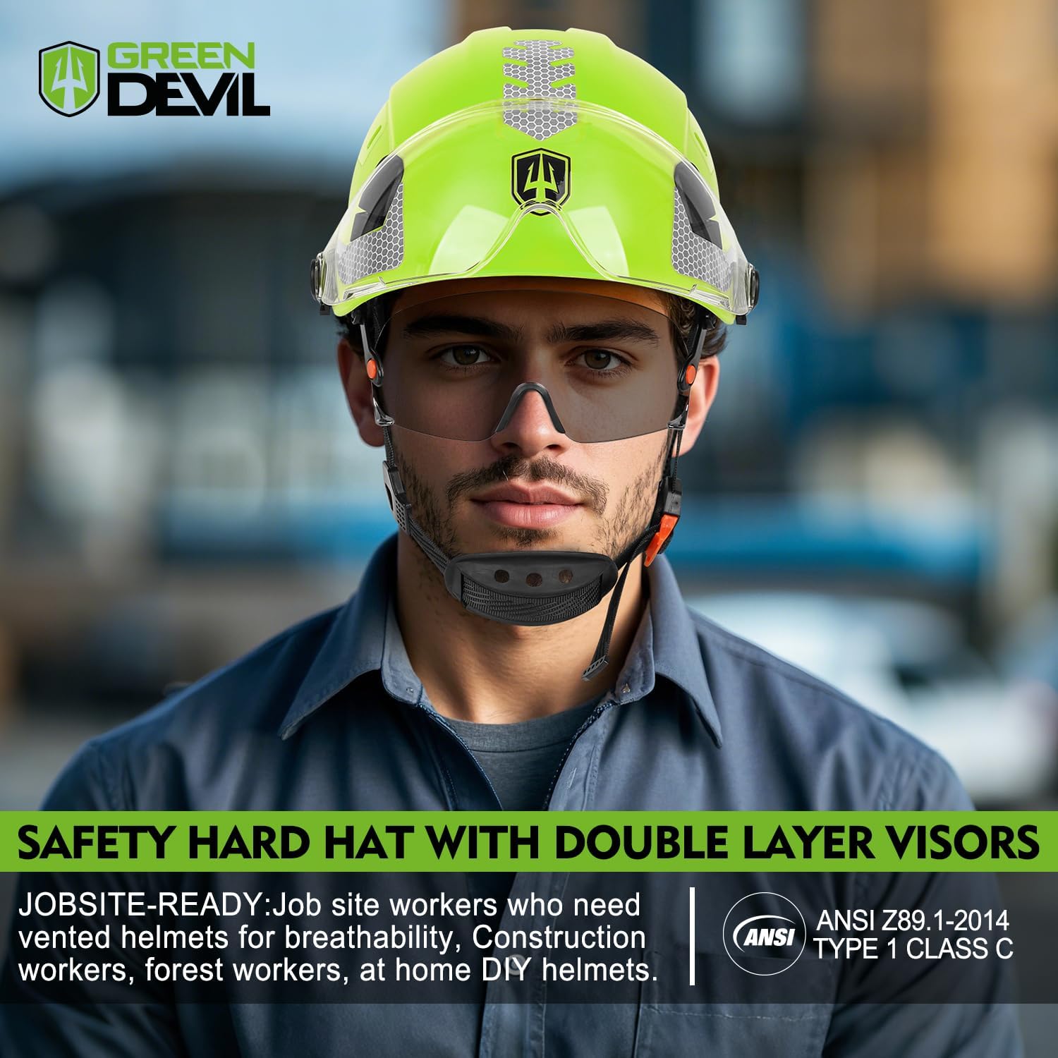 GREEN DEVIL Construction Safety Helmet Hard Hat with Visor and Safety Glasses ANSI Z89.1 Cascos De Construccion Vented ABS Work Hardhat for Men&Women - Image 6