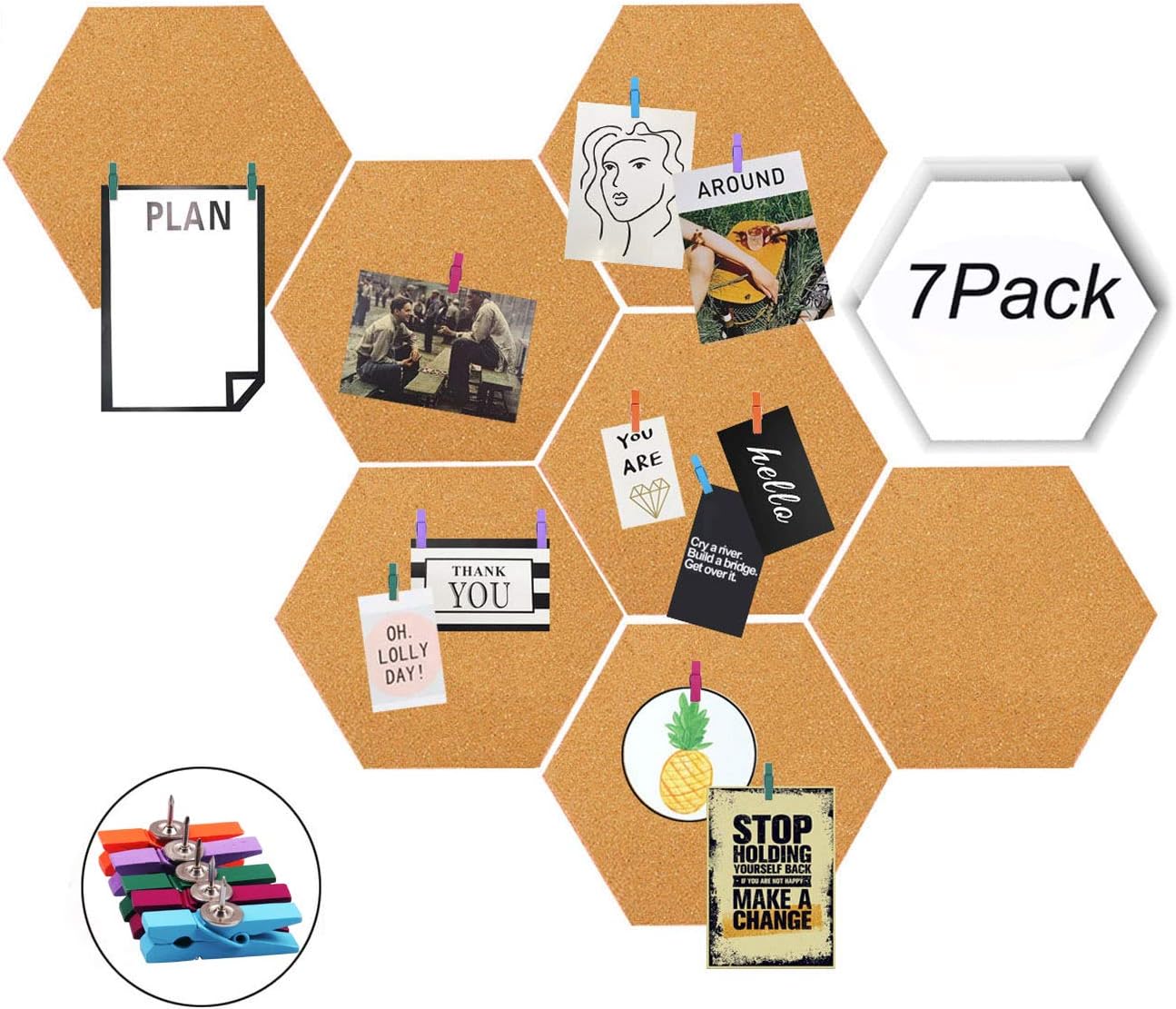 Moi Doi Wall Decor,Bulletin Board, Pin Board, Cork Tiles,Hexagon Cork Board with Adhesive Backing Memo Boards Message Board for Office/Home/Kitchen/Dorm Room,7 Pack +30 PINS