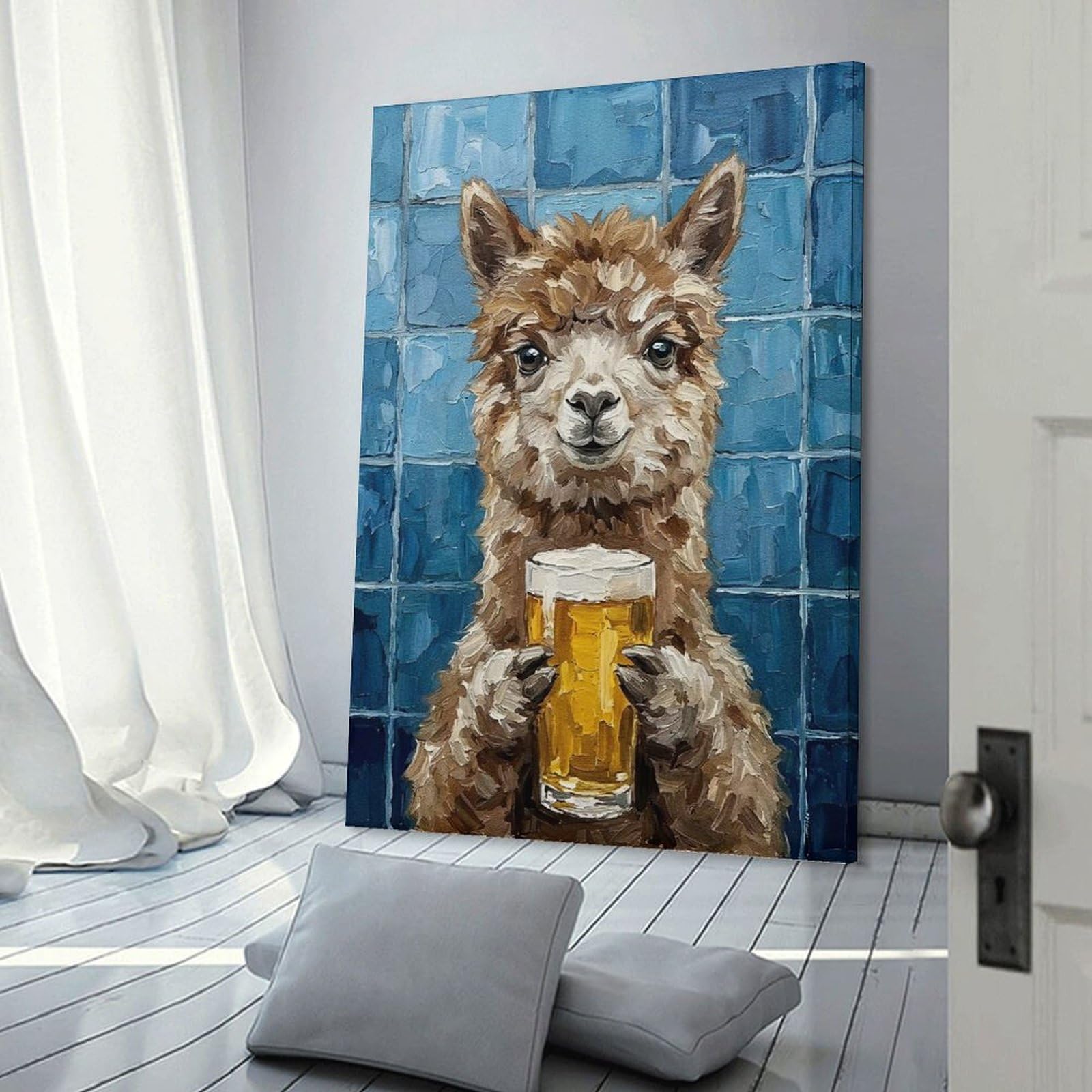 Junmoney Wall Decor Canvas Print Alpaca with Beer Painting, 12x18inch(30x45cm), for Bedroom, Lounge Or Dressing Area, Stylish Decor for A Restful Room Update