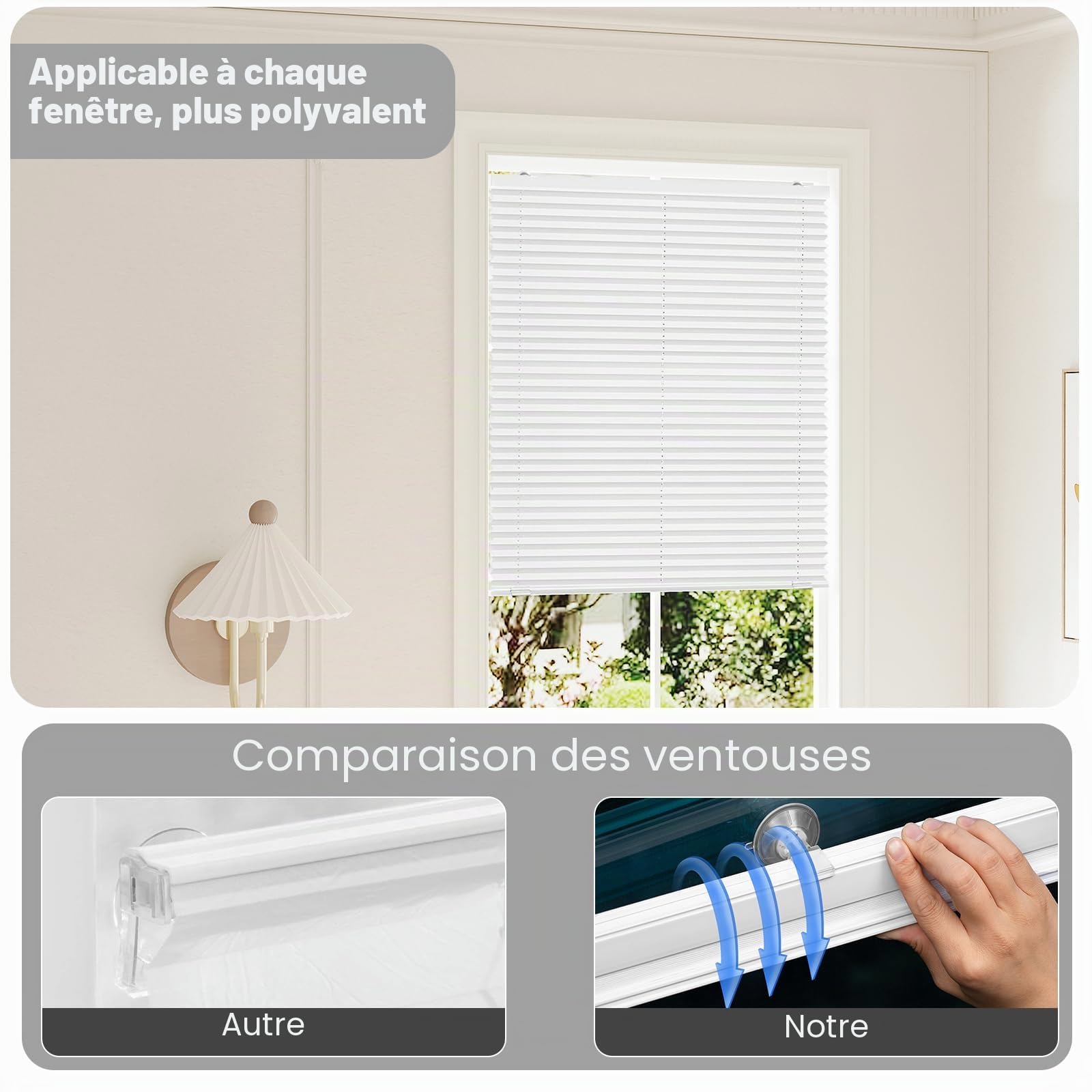 WOLTU Store Plissé sans Perçage avec Ventouses, Store Plissé Intérieur Translucide Protection Solaire pour Fenêtres Ordinaires, Fenêtres de Toit, Portes de Balcon, 90x130 cm, Blanc