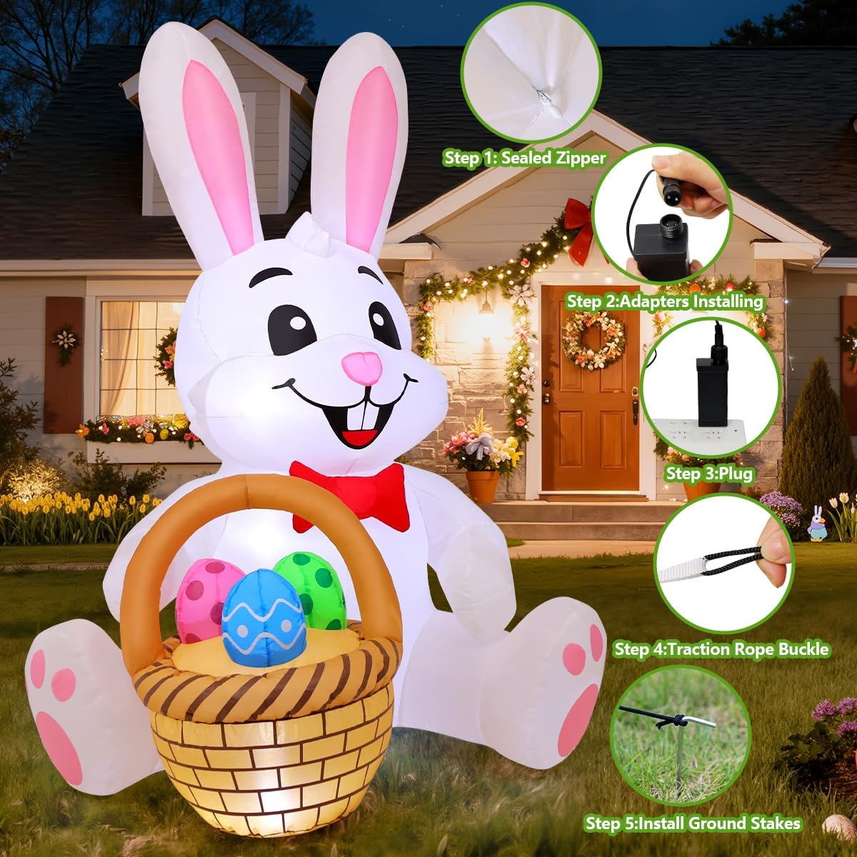 COMIN Easter Inflatables Outdoor Decorations, 6.2 FT Tall Inflatables Rabbit Colored Eggs Basket, Built in LED Lights Easter Blow Up Yard Decorations for Indoor Outdoor Party Garden Lawn Holiday Decor