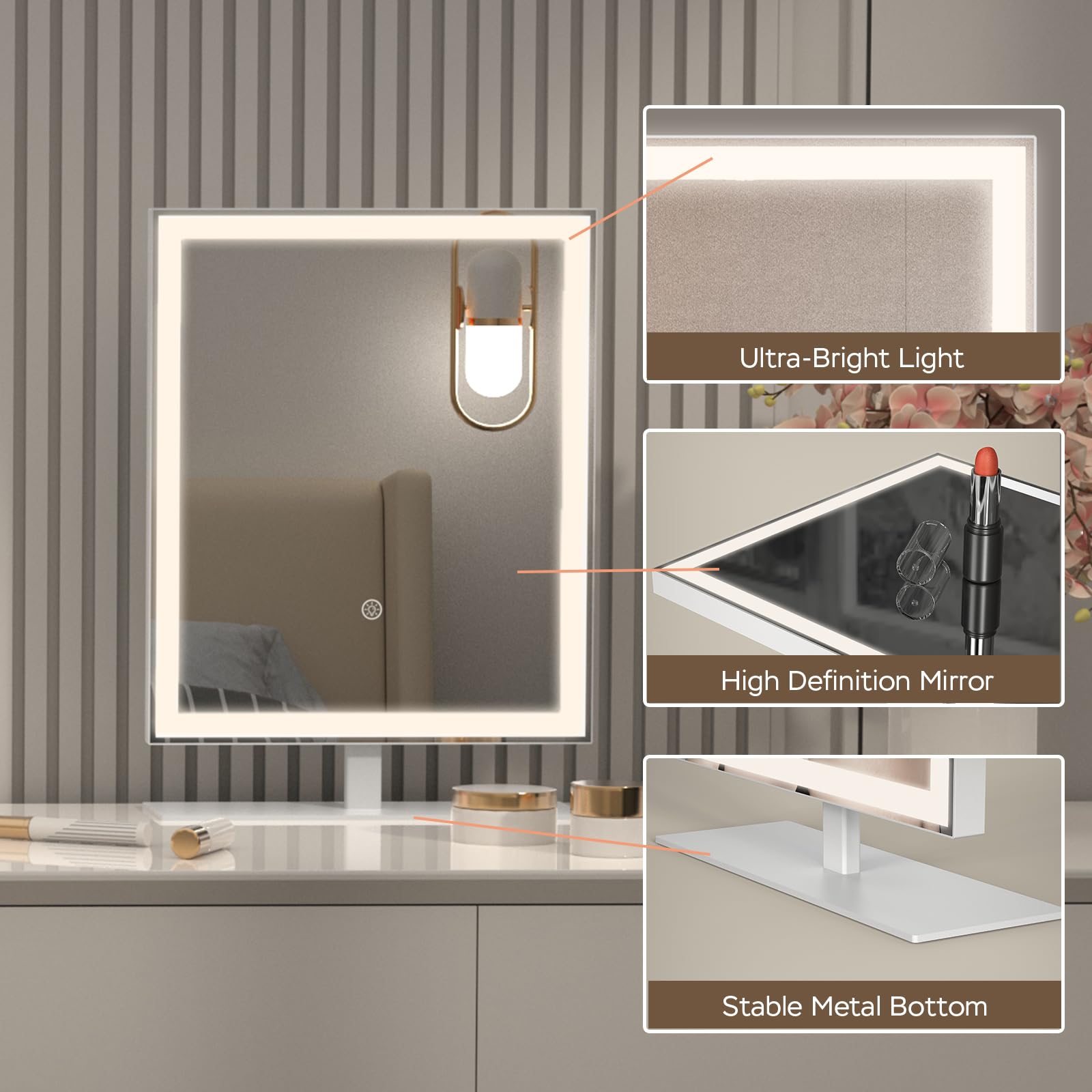 ANTENLICHT Miroir Coiffeuse LED avec Grossissement 10X, Miroir de Maquillage 3 Couleurs, Mirroir Maquilleur Lumineux à Intensité Variable, Miroir de Maquillage de Table Moderne, Blanc