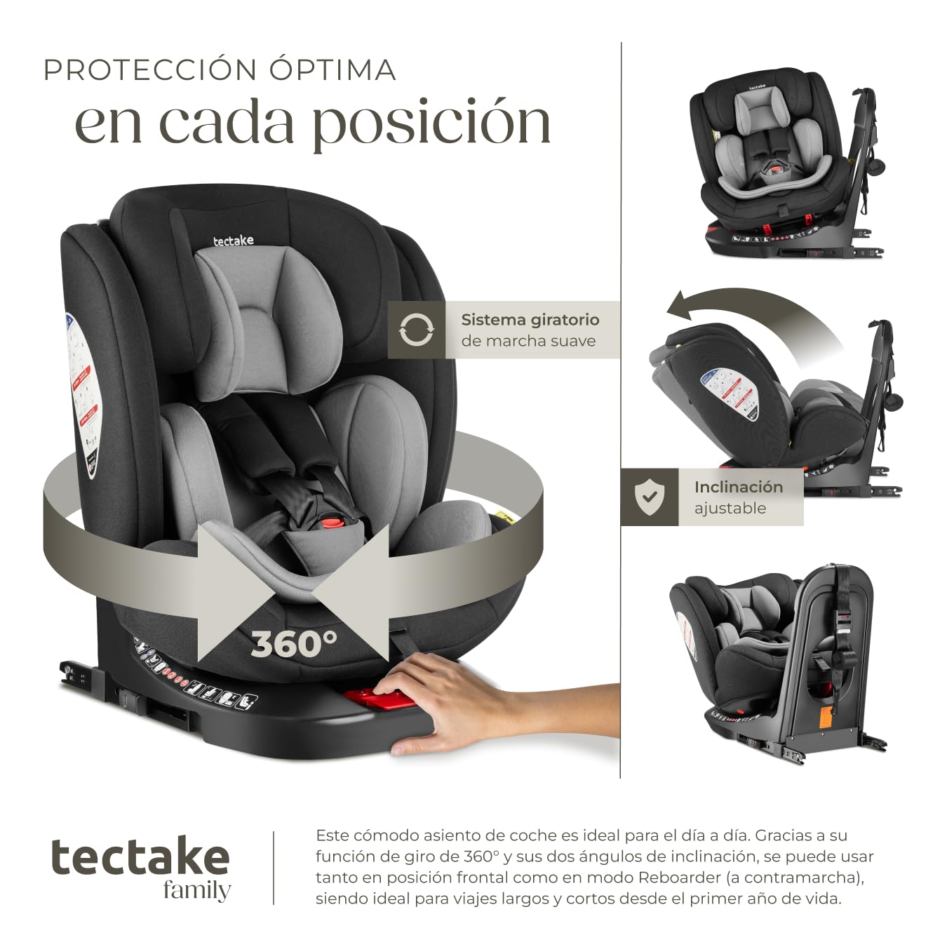 tectake® Silla de Coche Giratoria 360°, Uso Desde el Nacimiento Hasta 150 cm, Homologada i-Size con ISOFIX y Top Tether, Reposacabezas y Arnés de 5 Puntos Ajustables, Protección Lateral, Hasta 36 Kg