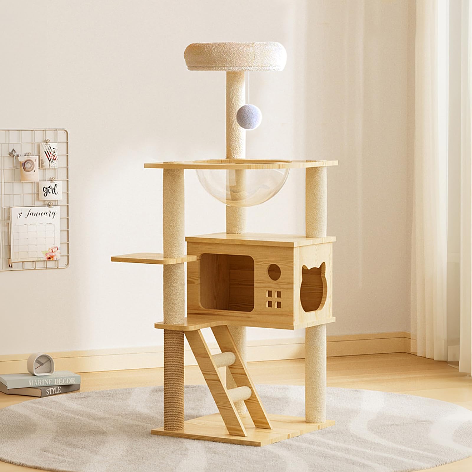Wooden Cat Tree for Indoor Cats, 48.8" Modern Cat Tower with 1 Space Capsule and 1 Ladder, Unique Cat Tower for Indoor Cats, Large Cat Condo with House and Scratching Post