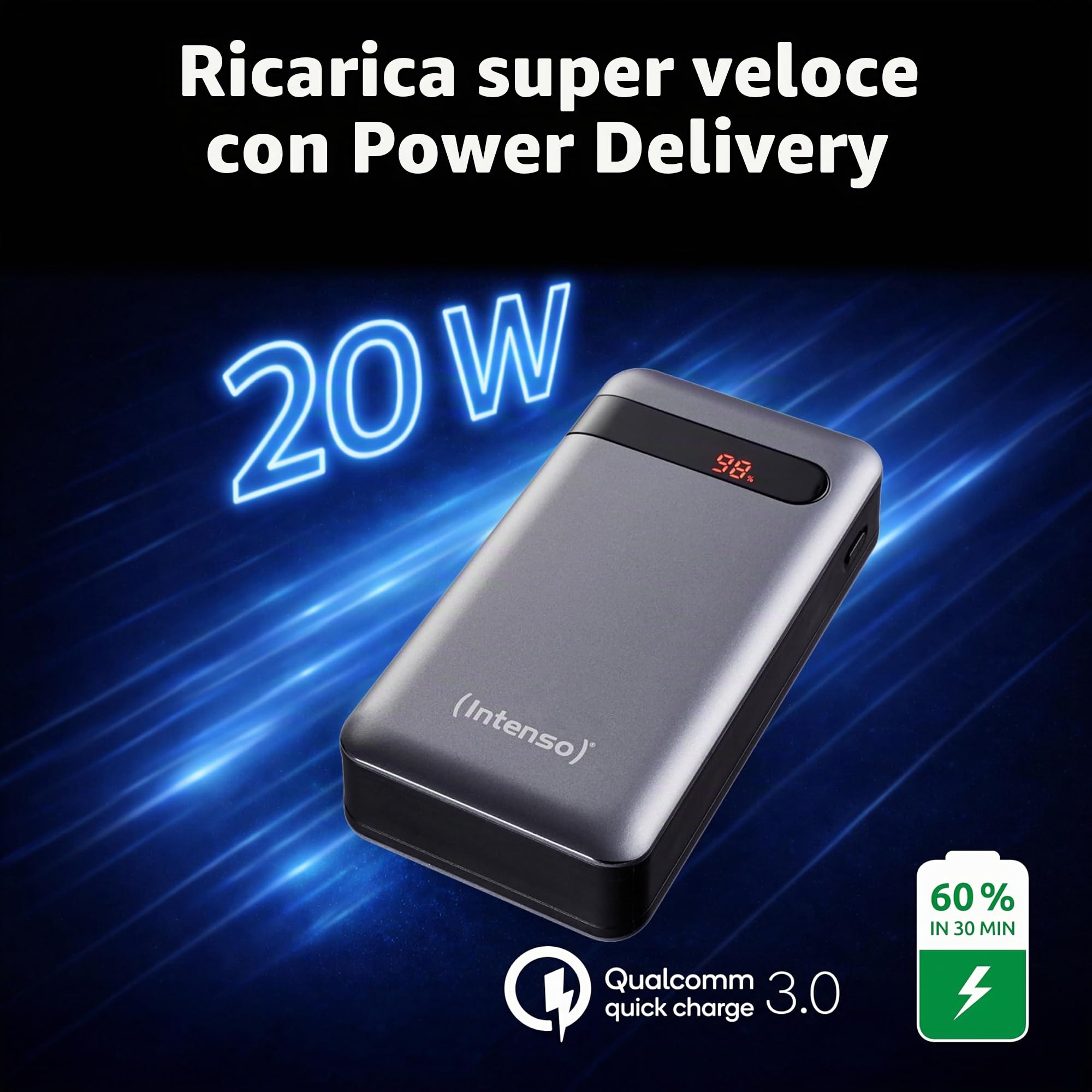 Intenso Power Bank PD20000, Caricabatterie portatile power delivery, (20000mAh, adetto per smartphones, tablet è altri), anthracite