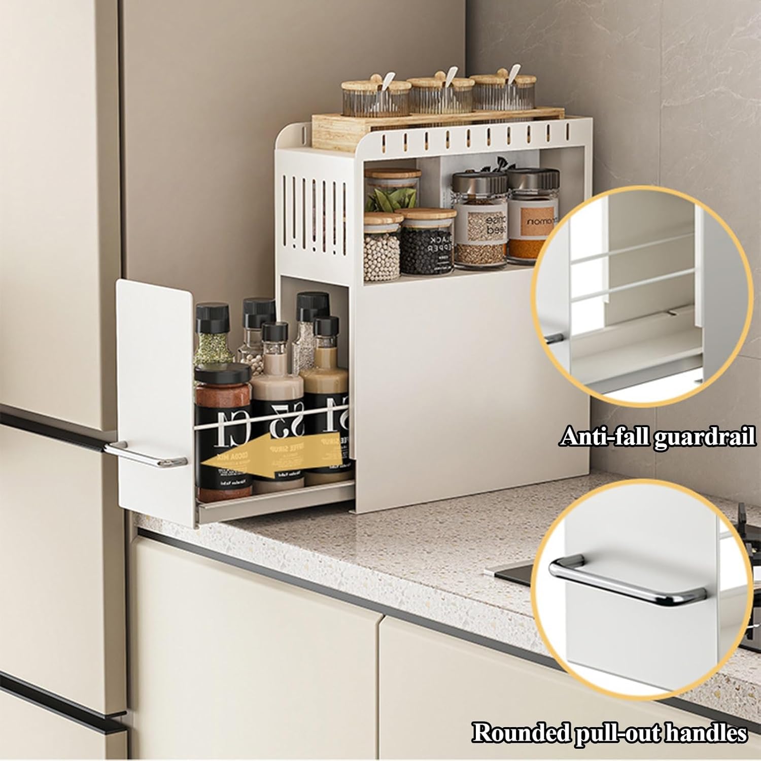 Kitchen Countertop Storage Spice Rack, Pull-Out Metal Spice Rack Organizer, Narrow Side Space Saving, Condiment Bottle Storage, White(2 Layer)