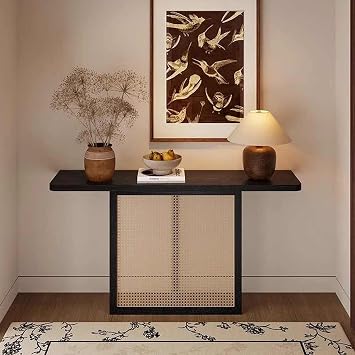 Narrow Console Table with Rattan Base, Farmhouse Entryway Table for Living Room, Behind Sofa, Hallway